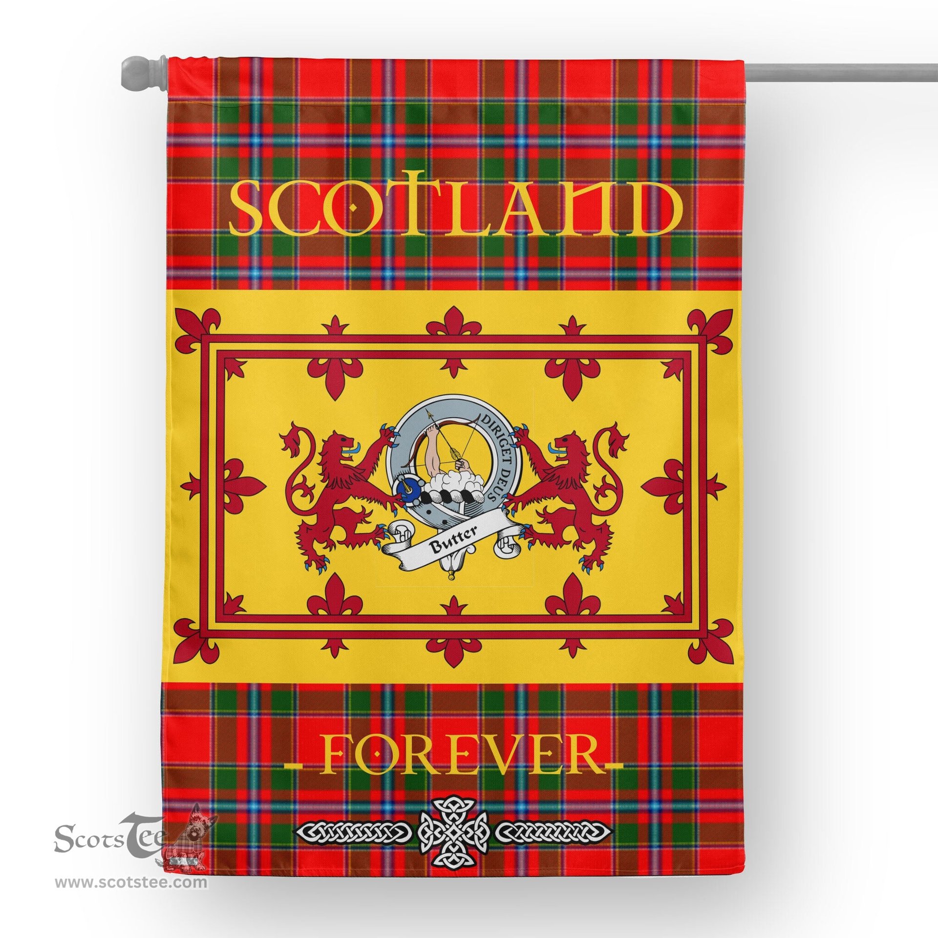 Scotstee Tartan House Flag Butter Clan Badge Tartan Garden Flag - The Lion Rampant Scotland, Tartan Garden Flag, Tartan House Flag, Tartan Flag, Crest Garden Flag, Garden Flag, Ireland Garden Flag, Family Crest, Custom Flag, Custom Garden Flag, Ireland Custom Flag, Clan Tartan Flags