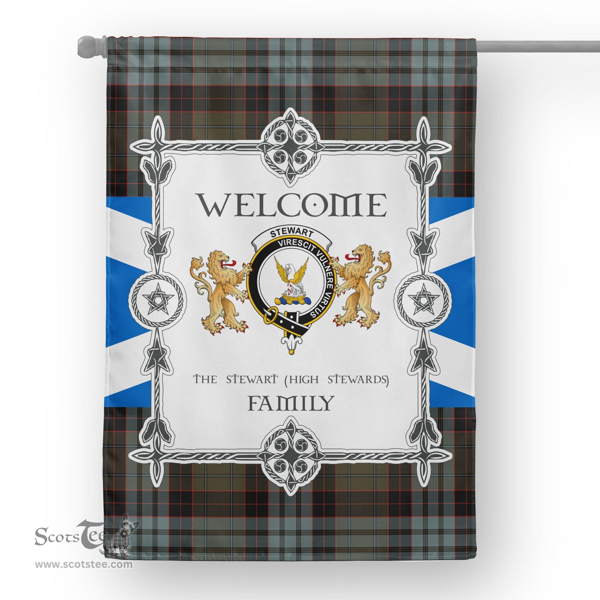 Scotstee Shop Stewart Tewart (High Stewards) Old Weathered Tartan Garden Flag - Tartan Flag Clan Badge Scottish Tartan House Flag, tartan garden flag, Tartan Flag, Crest Garden Flag, Garden Flag, Ireland Garden Flag, Family Crest, Custom Flag, Custom Garden Flag, Ireland Custom Flag, clan tartan flags