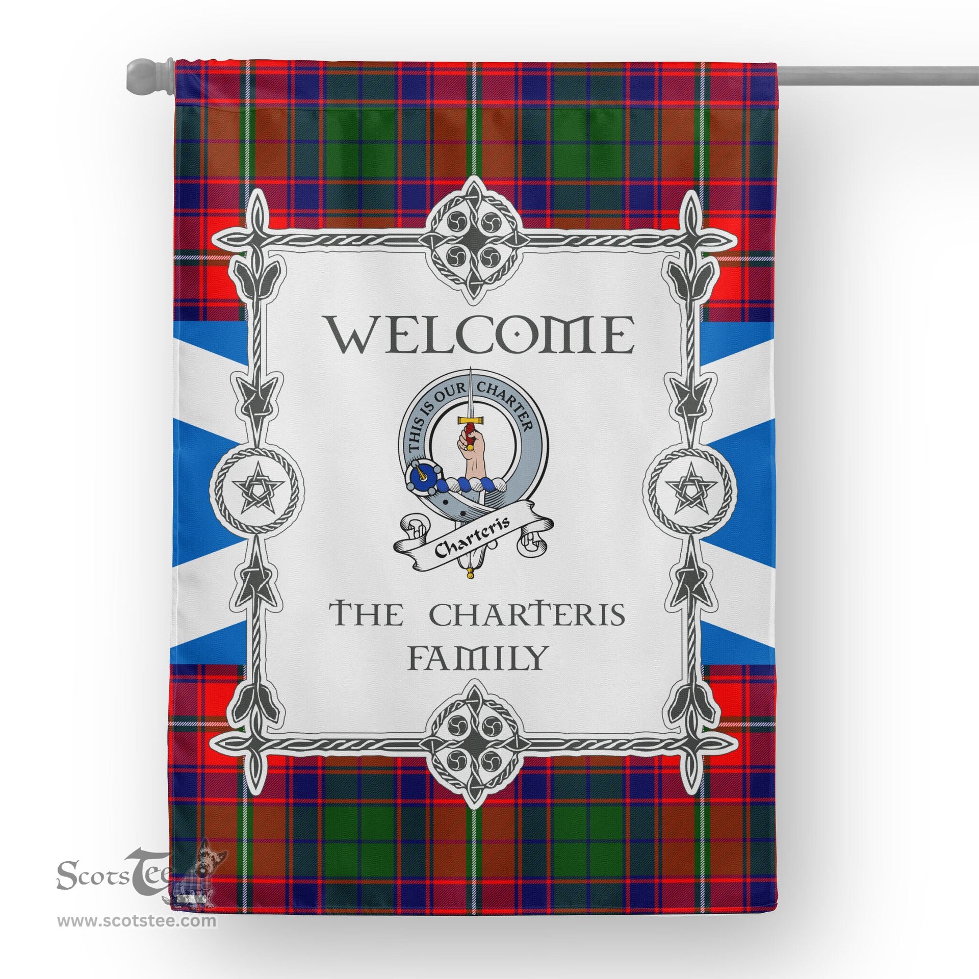Scotstee Shop Charteris Tartan Garden Flag Clan Badge Tartan Flag Scottish Tartan House Flag, tartan garden flag, Tartan Flag, Crest Garden Flag, Garden Flag, Ireland Garden Flag, Family Crest, Custom Flag, Custom Garden Flag, Ireland Custom Flag, clan tartan flags