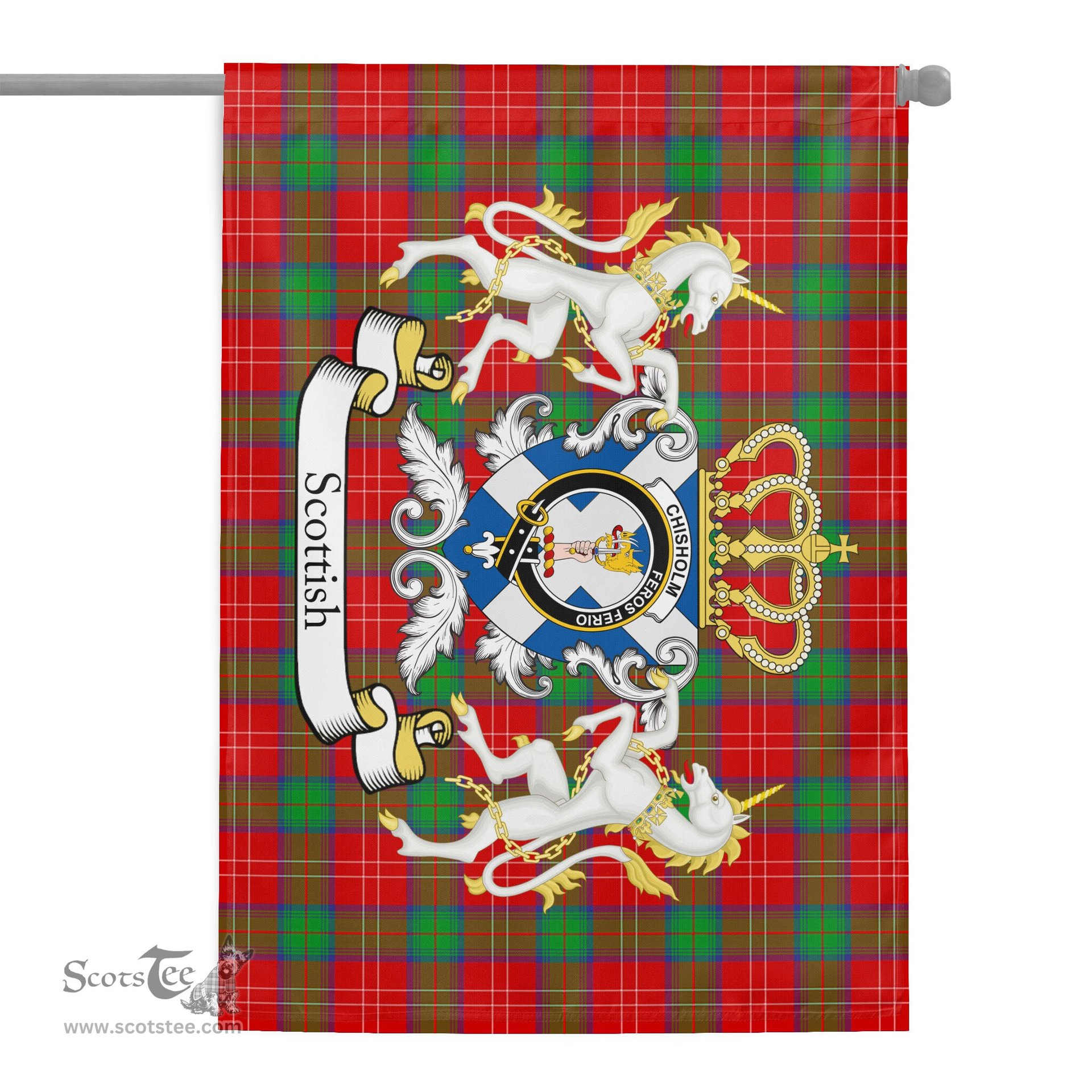 Scotstee Shop - Scotstee Shop Tartan Garden Flag Chisholm Tartan Flag Clan Badge With Lion Scottish Tartan House Flag