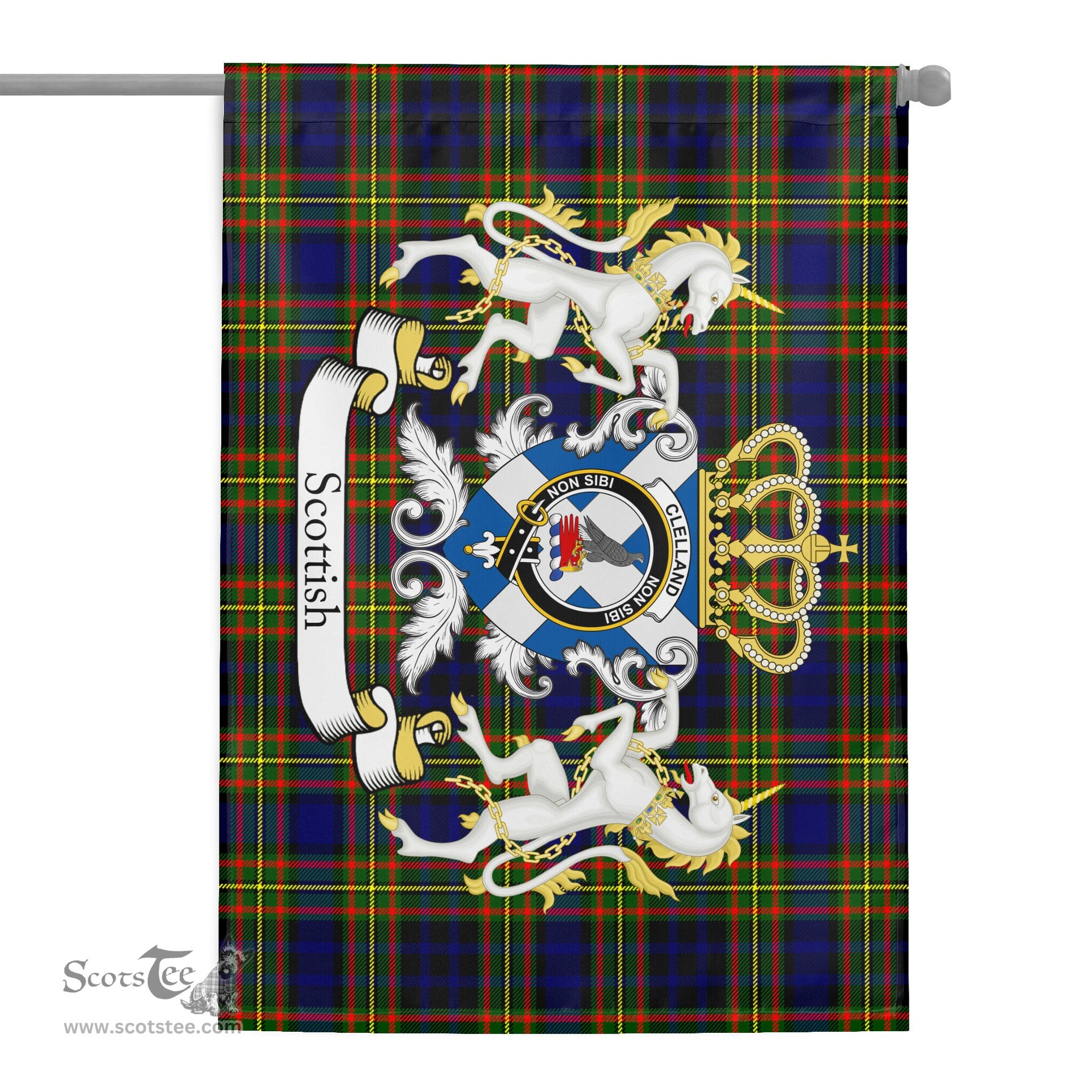 Scotstee Shop - Scotstee Shop Tartan Garden Flag Clelland Tartan Flag Clan Badge With Lion Scottish Tartan House Flag
