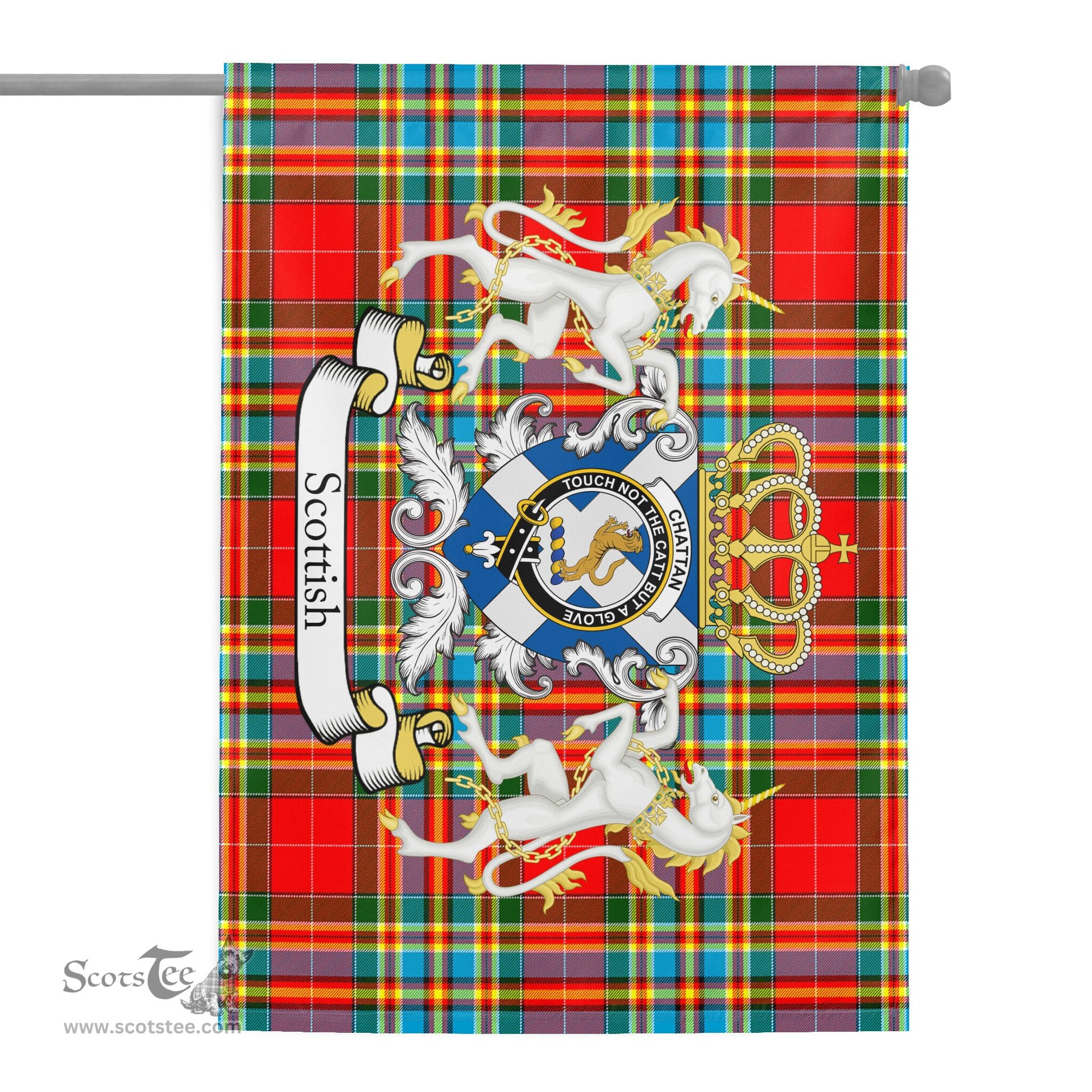 Scotstee Shop - Scotstee Shop Tartan Garden Flag Chattan Tartan Flag Clan Badge With Lion Scottish Tartan House Flag