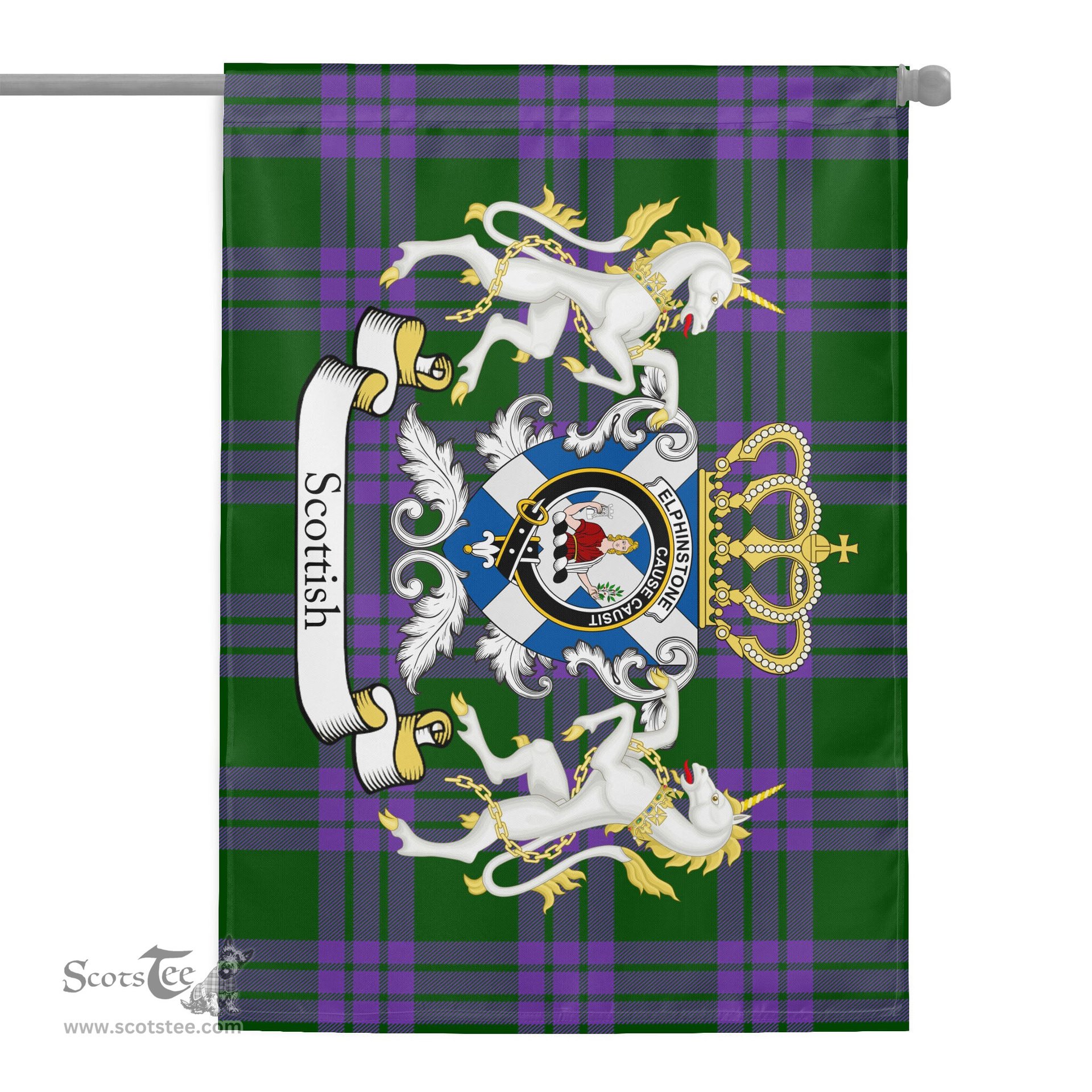 Scotstee Shop - Scotstee Shop Tartan Garden Flag Elphinstone Tartan Flag Clan Badge With Lion Scottish Tartan House Flag