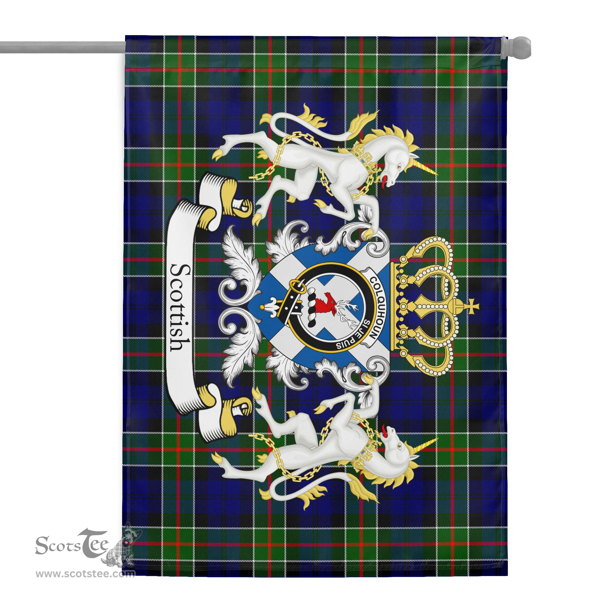 Scotstee Shop - Scotstee Shop Tartan Garden Flag Colquhoun Tartan Flag Clan Badge With Lion Scottish Tartan House Flag