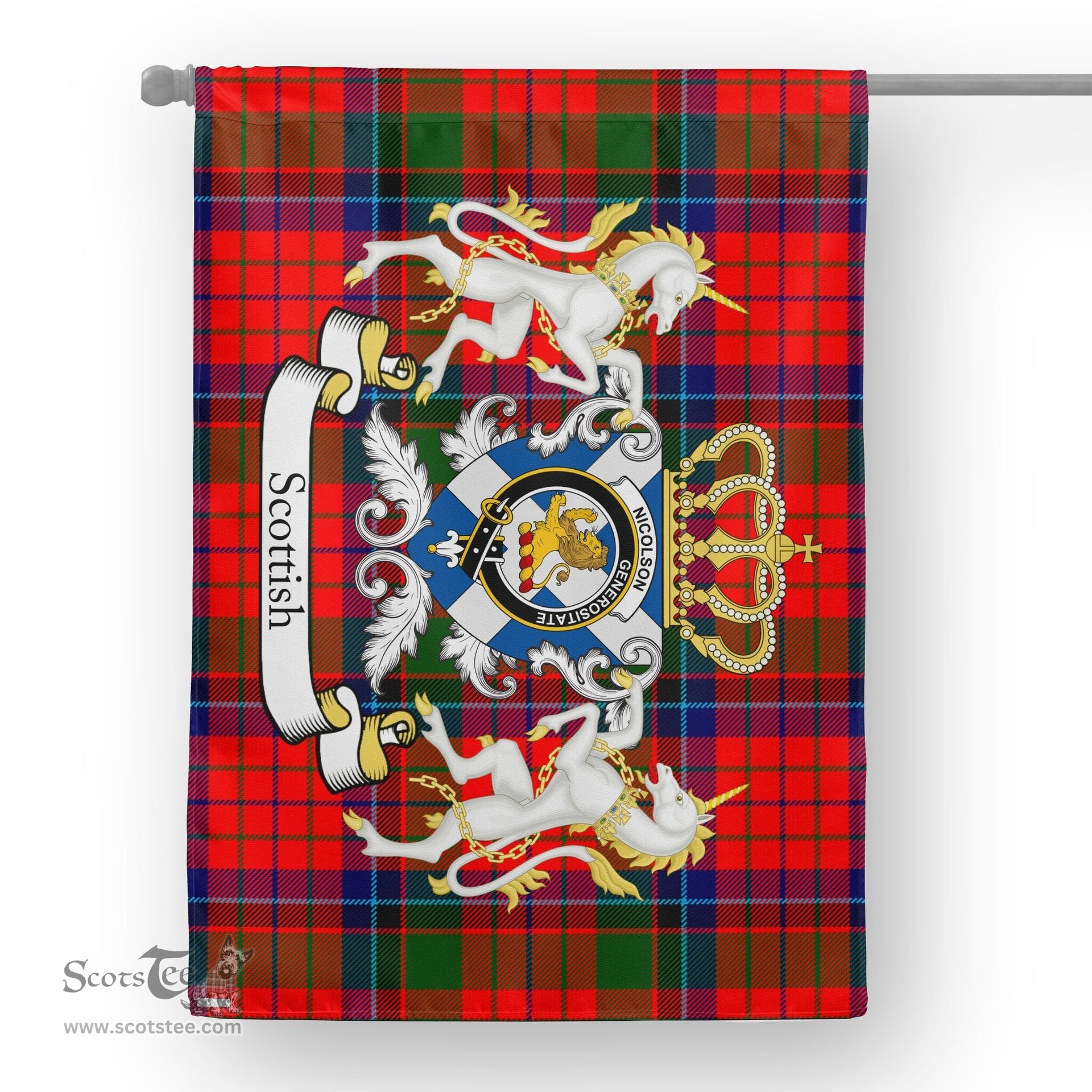 Scotstee Shop Tartan House Flag - Nicolson Tartan Flag Clan Badge With Lion Scottish, Tartan Garden Flag, Tartan Flag, Tartan House Flag, Plaid Flag, Christmas Plaid Flag