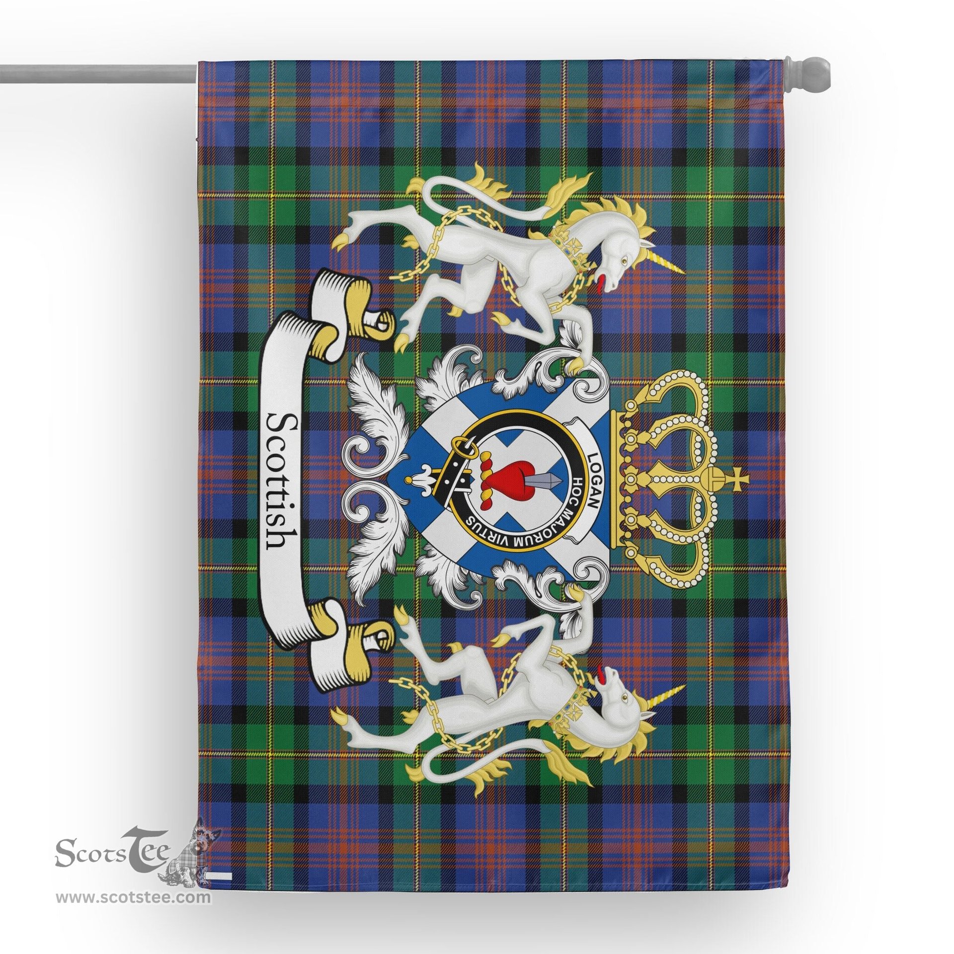 Scotstee Shop Tartan House Flag - Logan Tartan Flag Clan Badge With Lion Scottish, Tartan Garden Flag, Tartan Flag, Tartan House Flag, Plaid Flag, Christmas Plaid Flag