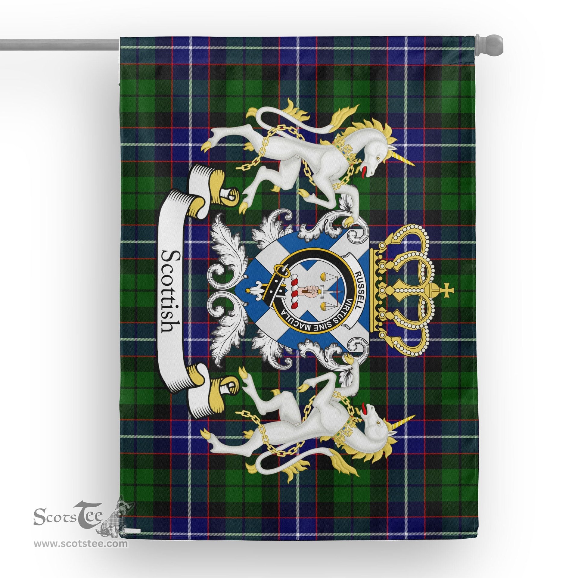 Scotstee Shop Tartan House Flag - Russell Tartan Flag Clan Badge With Lion Scottish, Tartan Garden Flag, Tartan Flag, Tartan House Flag, Plaid Flag, Christmas Plaid Flag