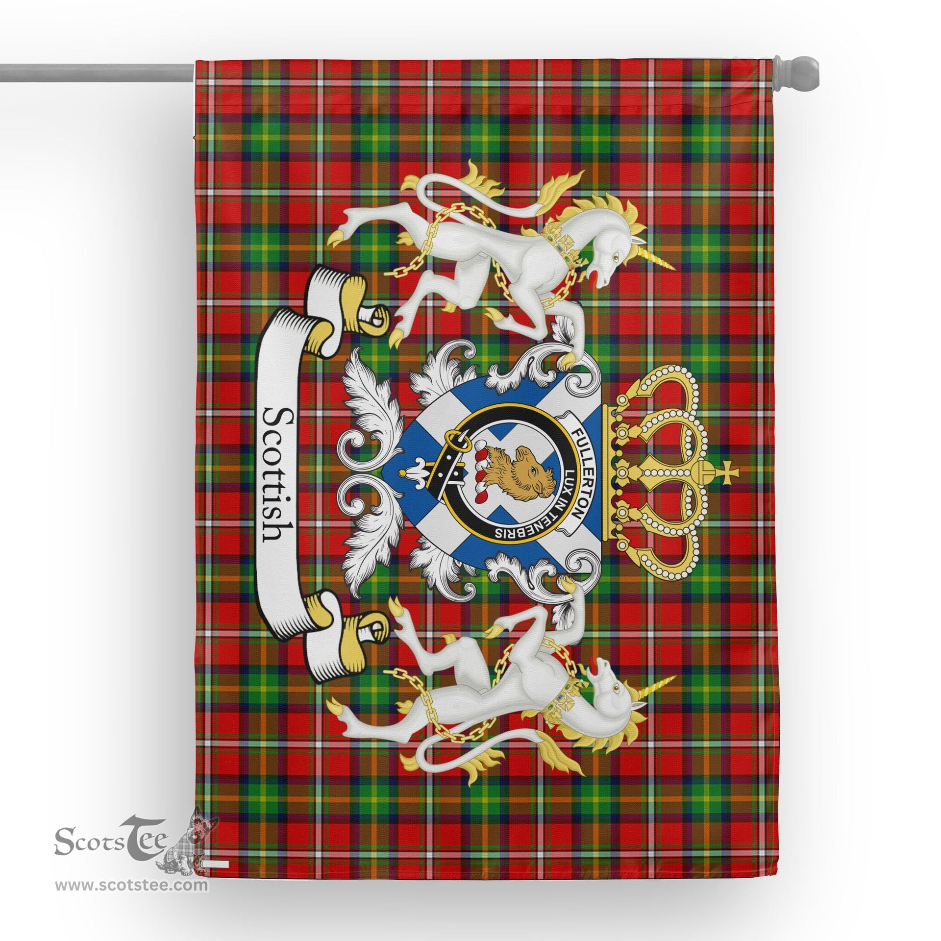 Scotstee Shop Tartan House Flag - Fullerton Tartan Flag Clan Badge With Lion Scottish, Tartan Garden Flag, Tartan Flag, Tartan House Flag, Plaid Flag, Christmas Plaid Flag