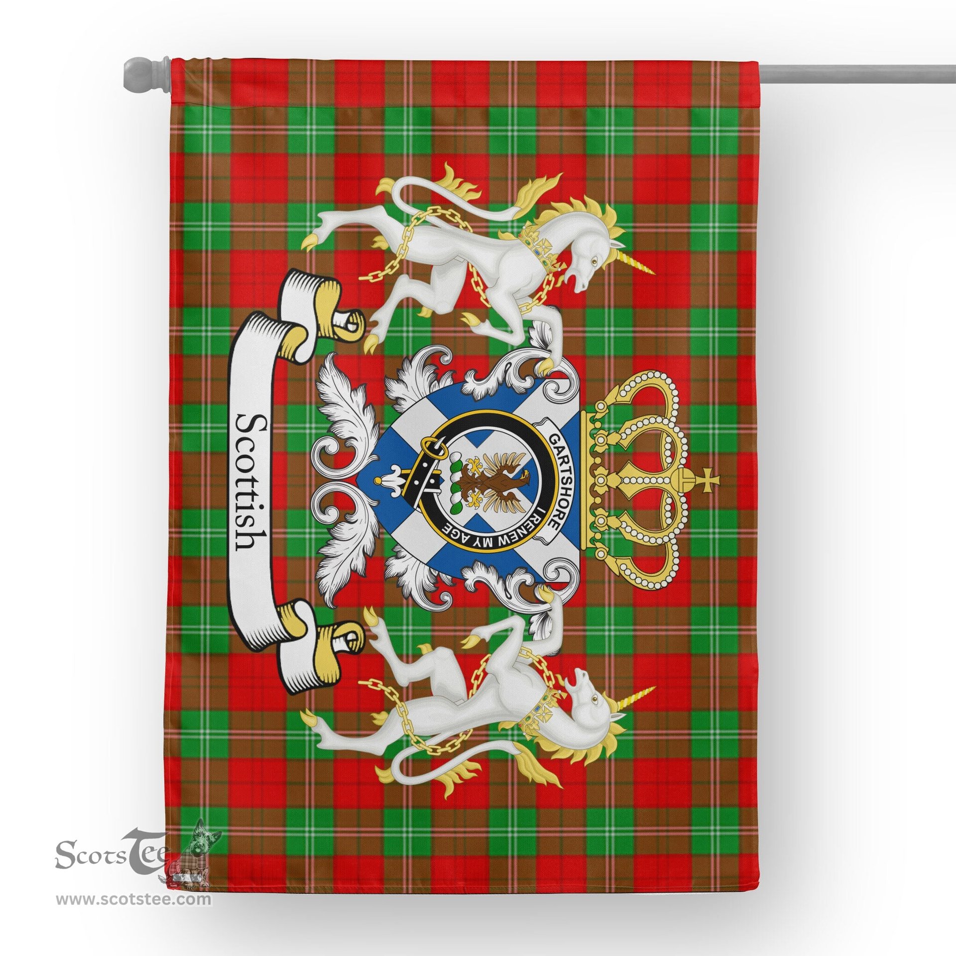 Scotstee Shop Tartan House Flag - Gartshore Tartan Flag Clan Badge With Lion Scottish, Tartan Garden Flag, Tartan Flag, Tartan House Flag, Plaid Flag, Christmas Plaid Flag