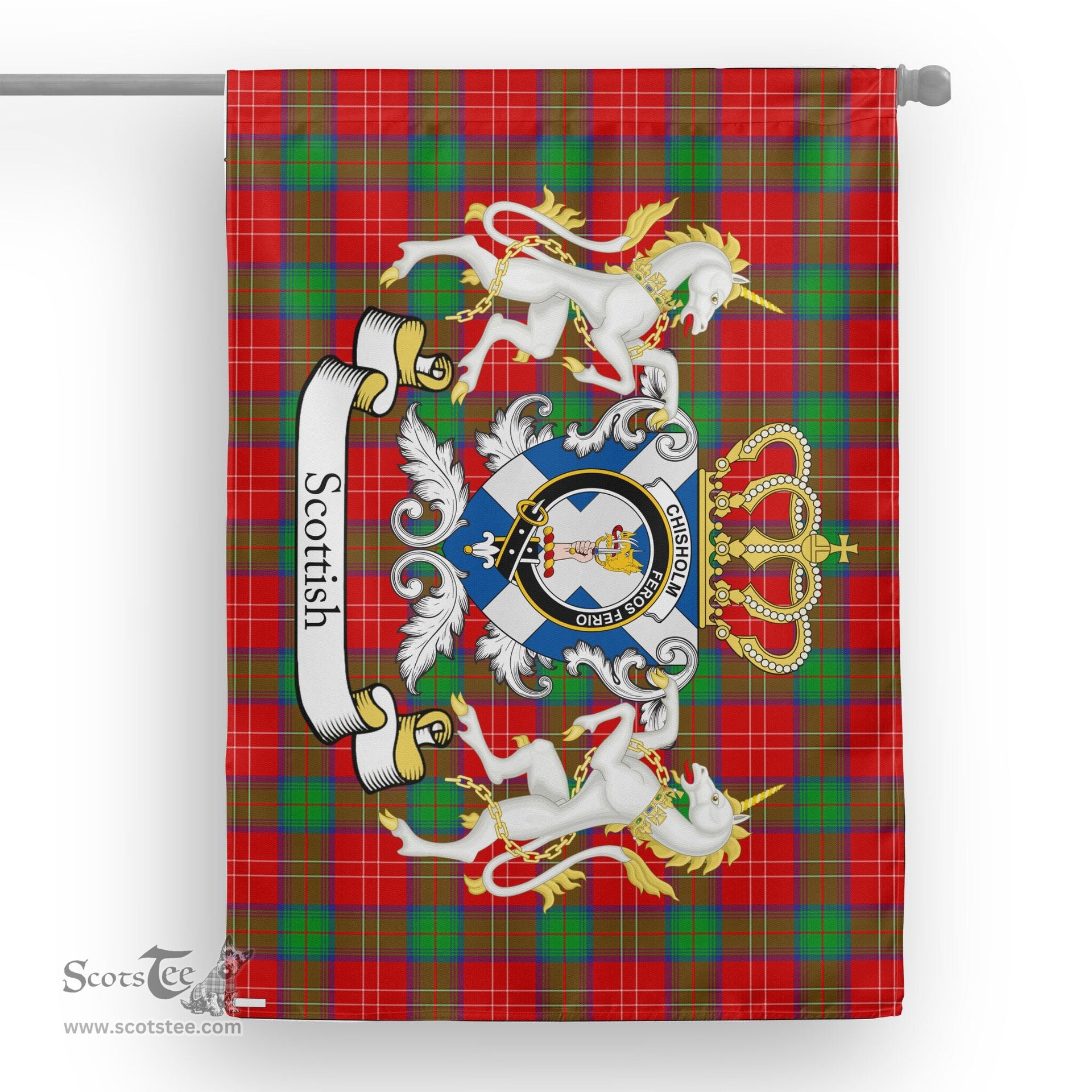 Scotstee Shop Tartan House Flag - Chisholm Tartan Flag Clan Badge With Lion Scottish, Tartan Garden Flag, Tartan Flag, Tartan House Flag, Plaid Flag, Christmas Plaid Flag