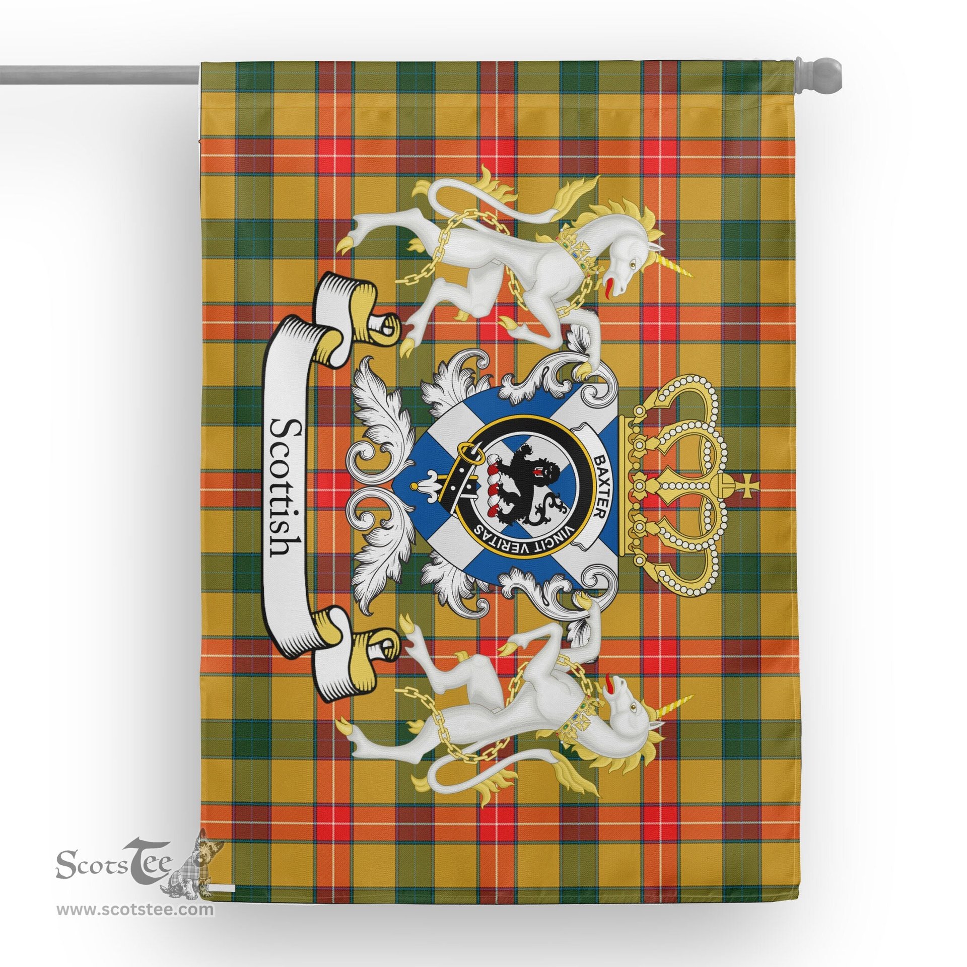 Scotstee Shop Tartan House Flag - Baxter Tartan Flag Clan Badge With Lion Scottish, Tartan Garden Flag, Tartan Flag, Tartan House Flag, Plaid Flag, Christmas Plaid Flag