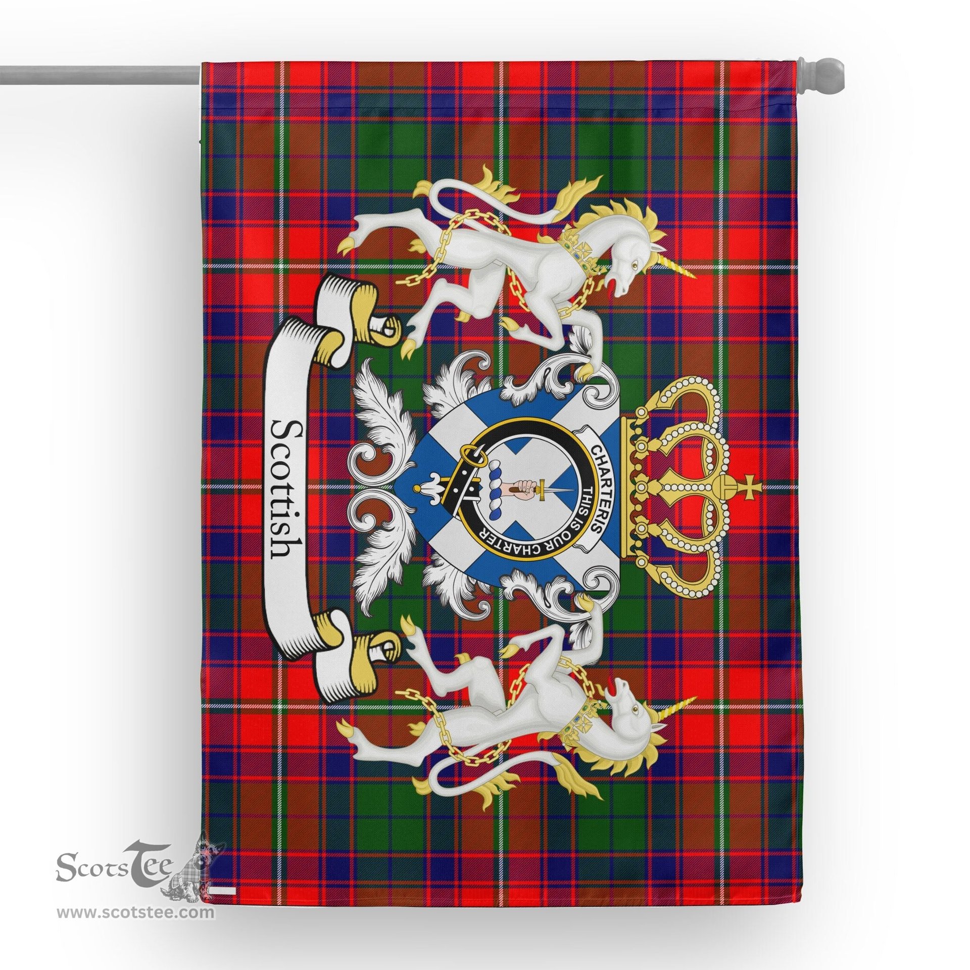 Scotstee Shop Tartan House Flag - Charteris Tartan Flag Clan Badge With Lion Scottish, Tartan Garden Flag, Tartan Flag, Tartan House Flag, Plaid Flag, Christmas Plaid Flag