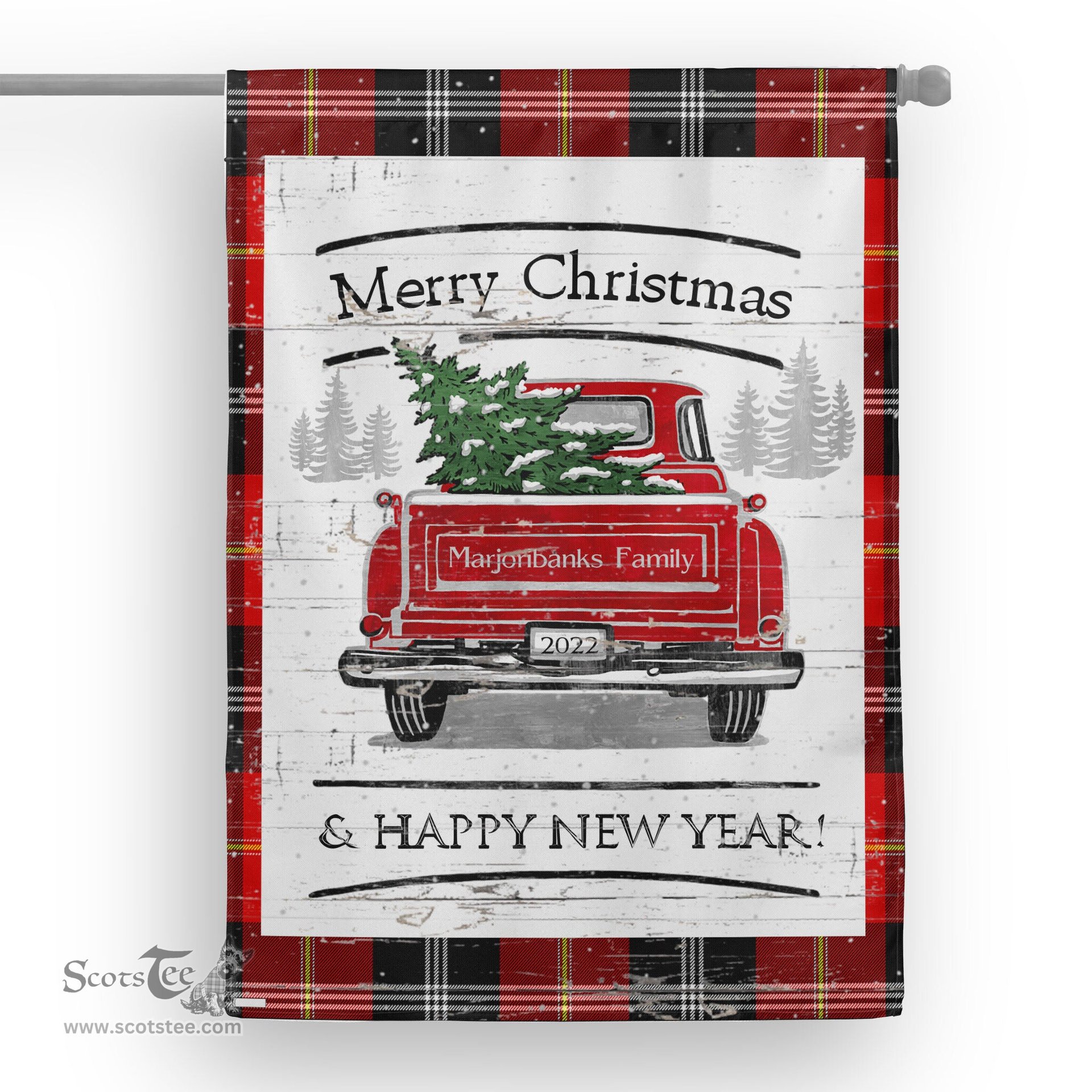 Tartan House Flag Vintage Red Truck with Christmas Tree Family Scottish Clan Marjoribanks Tartan Flag, Tartan Garden Flag, Tartan House Flag, Tartan Flag, Crest Garden Flag, Garden Flag, Ireland Garden Flag, Family Crest, Custom Flag, Custom Garden Flag, Ireland Custom Flag, Clan Tartan Flags