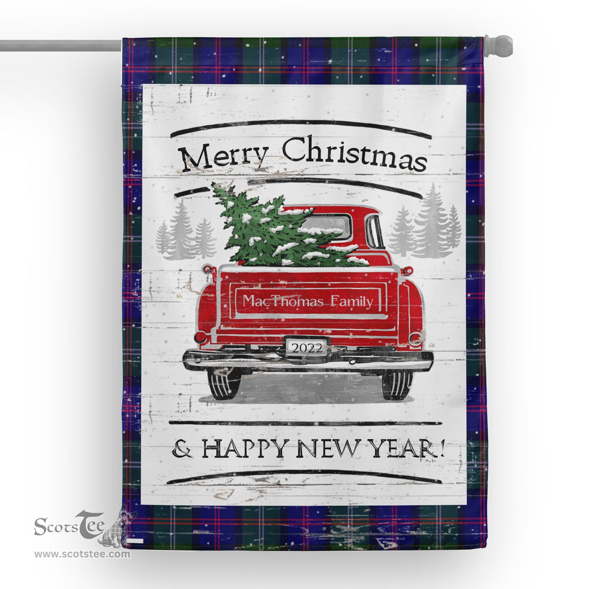 Tartan House Flag Vintage Red Truck with Christmas Tree Family Scottish Clan MacThomas Tartan Flag, Tartan Garden Flag, Tartan House Flag, Tartan Flag, Crest Garden Flag, Garden Flag, Ireland Garden Flag, Family Crest, Custom Flag, Custom Garden Flag, Ireland Custom Flag, Clan Tartan Flags