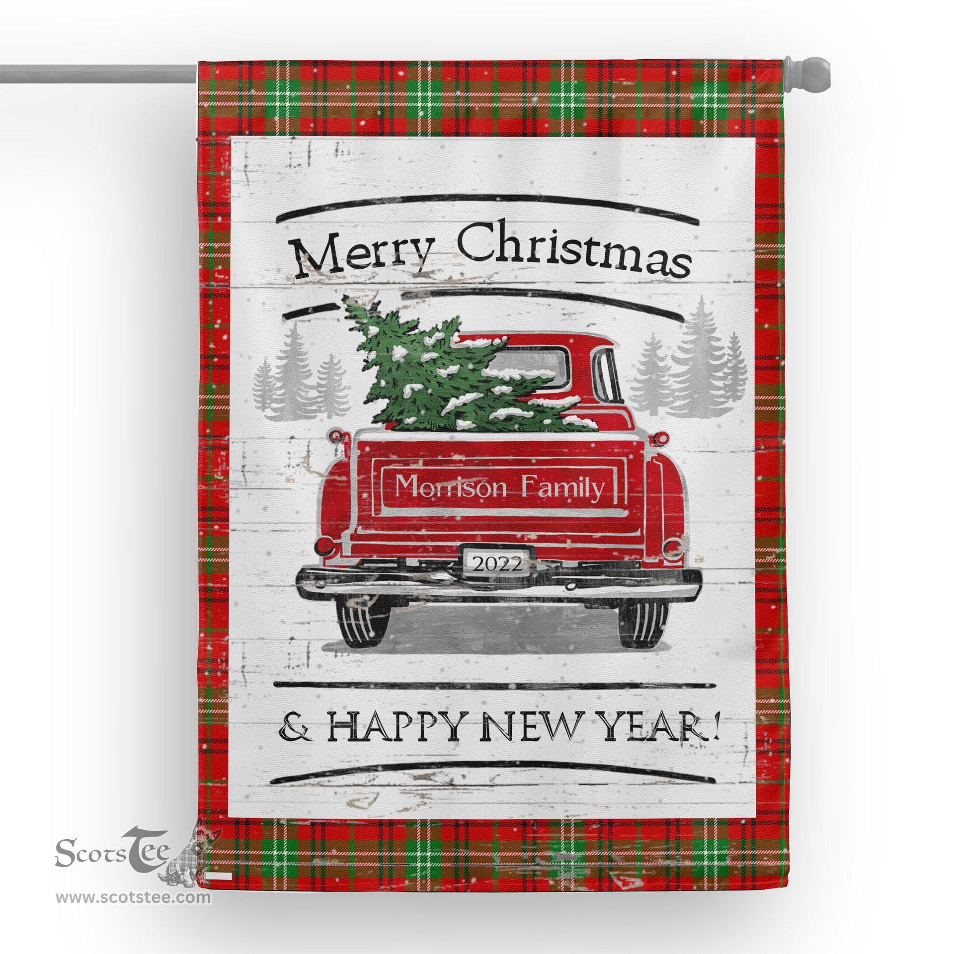 Tartan House Flag Vintage Red Truck with Christmas Tree Family Scottish Clan Morrison Red Modern Tartan Flag, Tartan Garden Flag, Tartan House Flag, Tartan Flag, Crest Garden Flag, Garden Flag, Ireland Garden Flag, Family Crest, Custom Flag, Custom Garden Flag, Ireland Custom Flag, Clan Tartan Flags