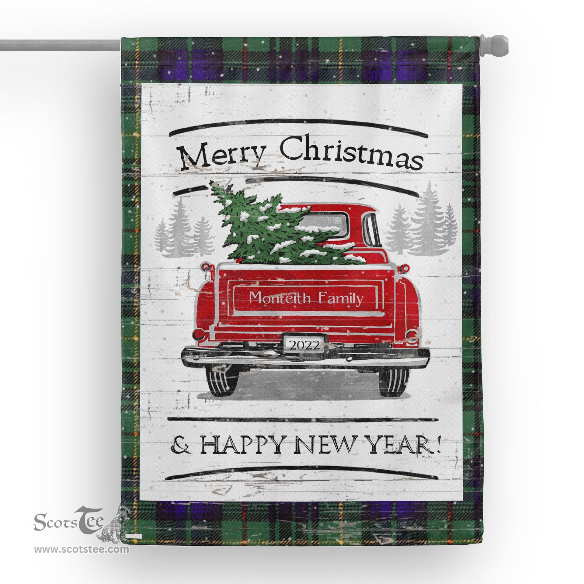 Tartan House Flag Vintage Red Truck with Christmas Tree Family Scottish Clan Monteith Old Tartan Flag, Tartan Garden Flag, Tartan House Flag, Tartan Flag, Crest Garden Flag, Garden Flag, Ireland Garden Flag, Family Crest, Custom Flag, Custom Garden Flag, Ireland Custom Flag, Clan Tartan Flags