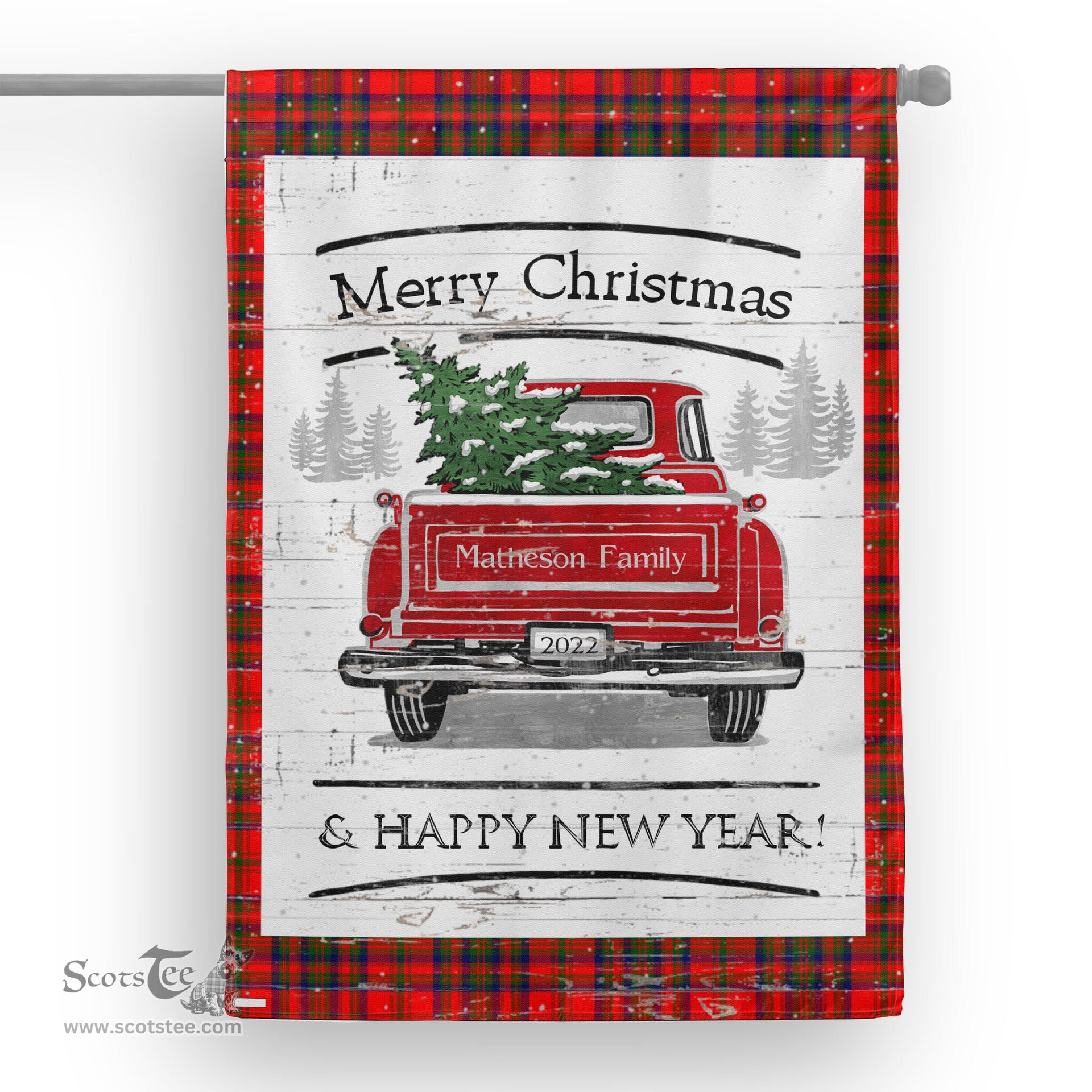 Tartan House Flag Vintage Red Truck with Christmas Tree Family Scottish Clan Matheson Tartan Flag, Tartan Garden Flag, Tartan House Flag, Tartan Flag, Crest Garden Flag, Garden Flag, Ireland Garden Flag, Family Crest, Custom Flag, Custom Garden Flag, Ireland Custom Flag, Clan Tartan Flags