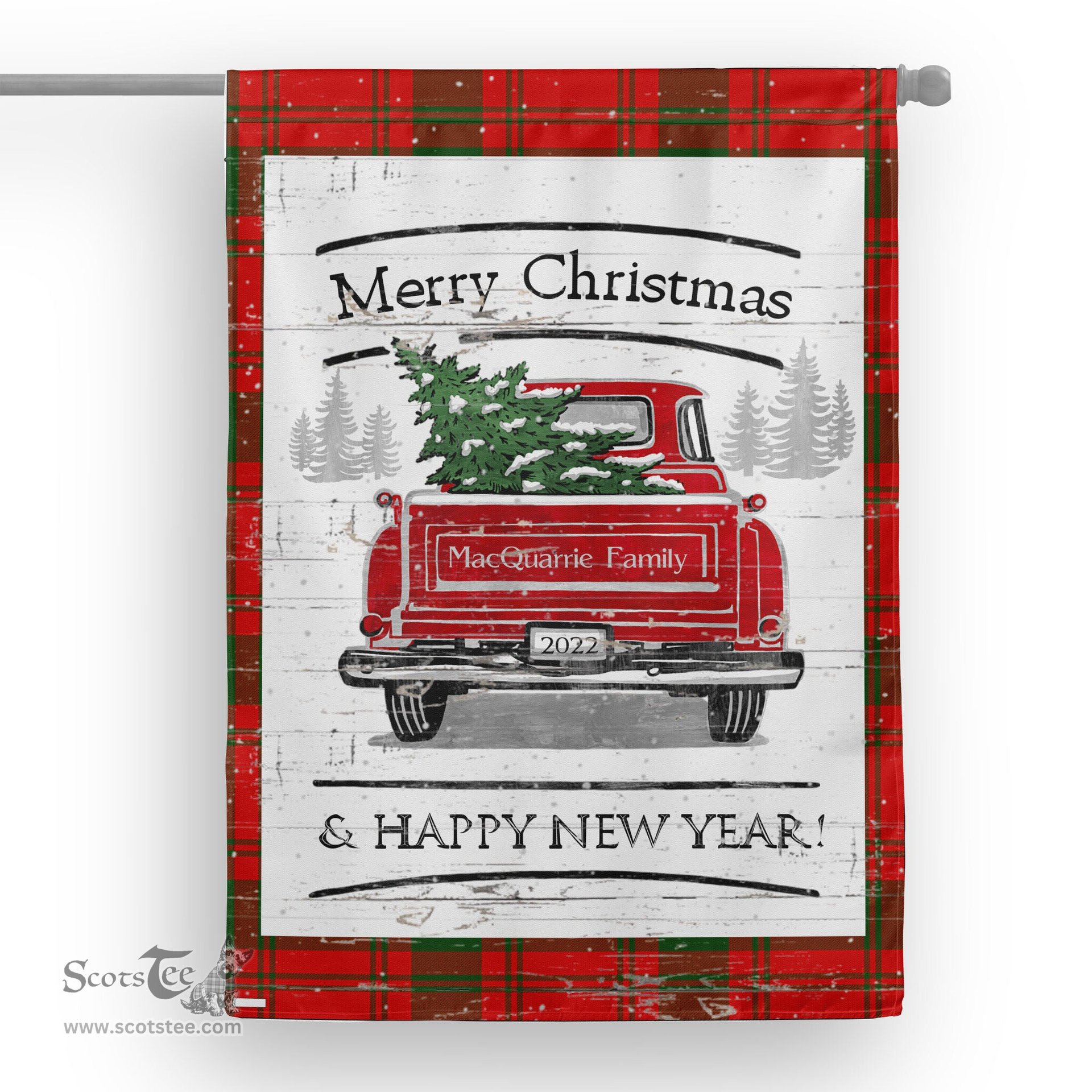 Tartan House Flag Vintage Red Truck with Christmas Tree Family Scottish Clan MacQuarrie Tartan Flag, Tartan Garden Flag, Tartan House Flag, Tartan Flag, Crest Garden Flag, Garden Flag, Ireland Garden Flag, Family Crest, Custom Flag, Custom Garden Flag, Ireland Custom Flag, Clan Tartan Flags