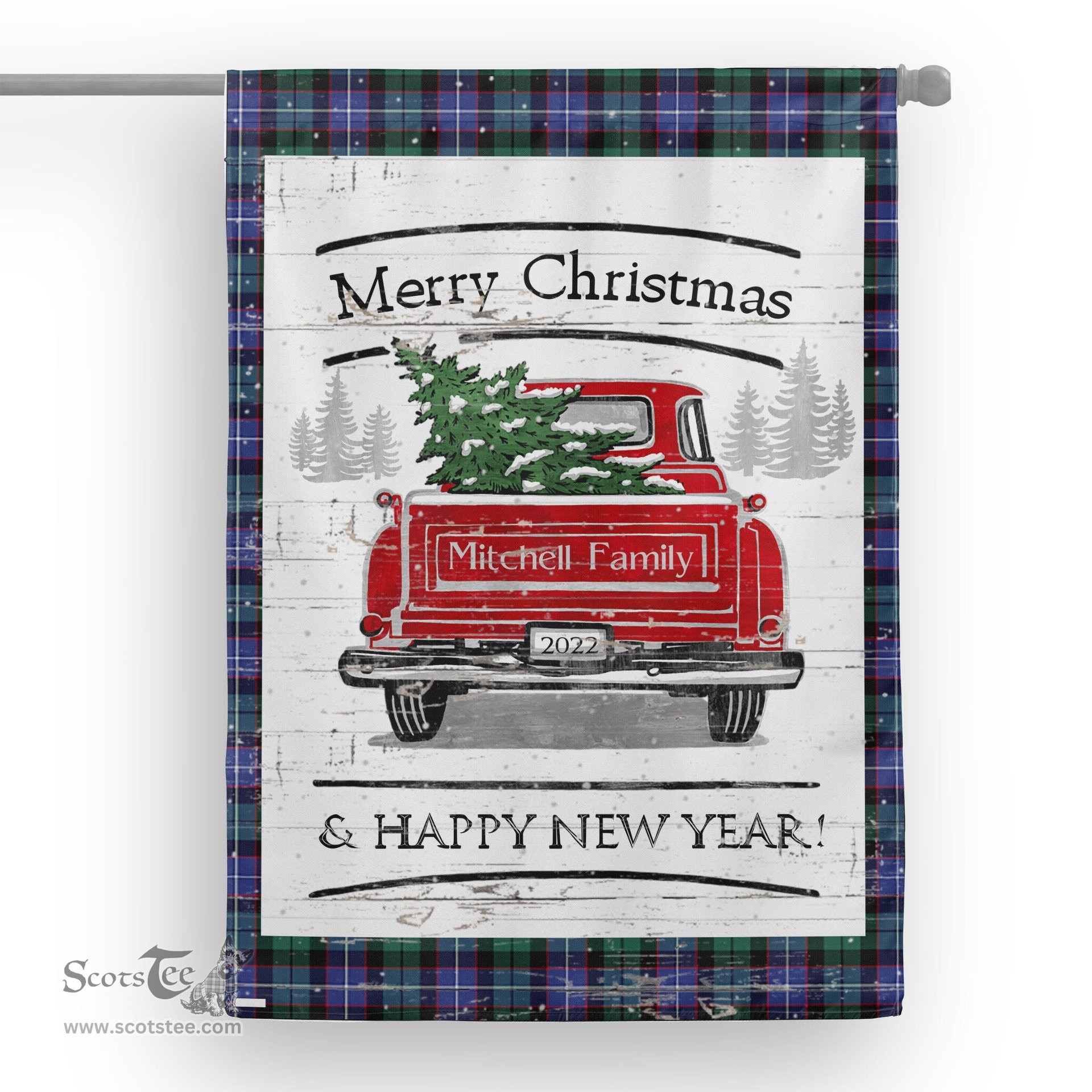 Tartan House Flag Vintage Red Truck with Christmas Tree Family Scottish Clan Mitchell Tartan Flag, Tartan Garden Flag, Tartan House Flag, Tartan Flag, Crest Garden Flag, Garden Flag, Ireland Garden Flag, Family Crest, Custom Flag, Custom Garden Flag, Ireland Custom Flag, Clan Tartan Flags