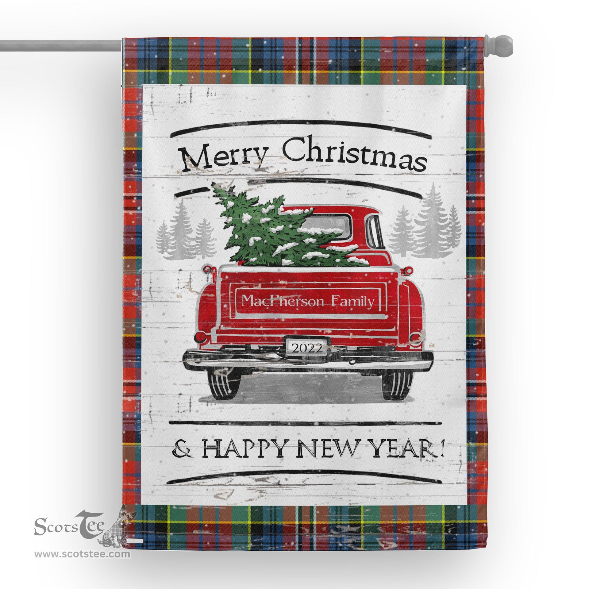 Tartan House Flag Vintage Red Truck with Christmas Tree Family Scottish Clan MacPherson Ancient Tartan Flag, Tartan Garden Flag, Tartan House Flag, Tartan Flag, Crest Garden Flag, Garden Flag, Ireland Garden Flag, Family Crest, Custom Flag, Custom Garden Flag, Ireland Custom Flag, Clan Tartan Flags