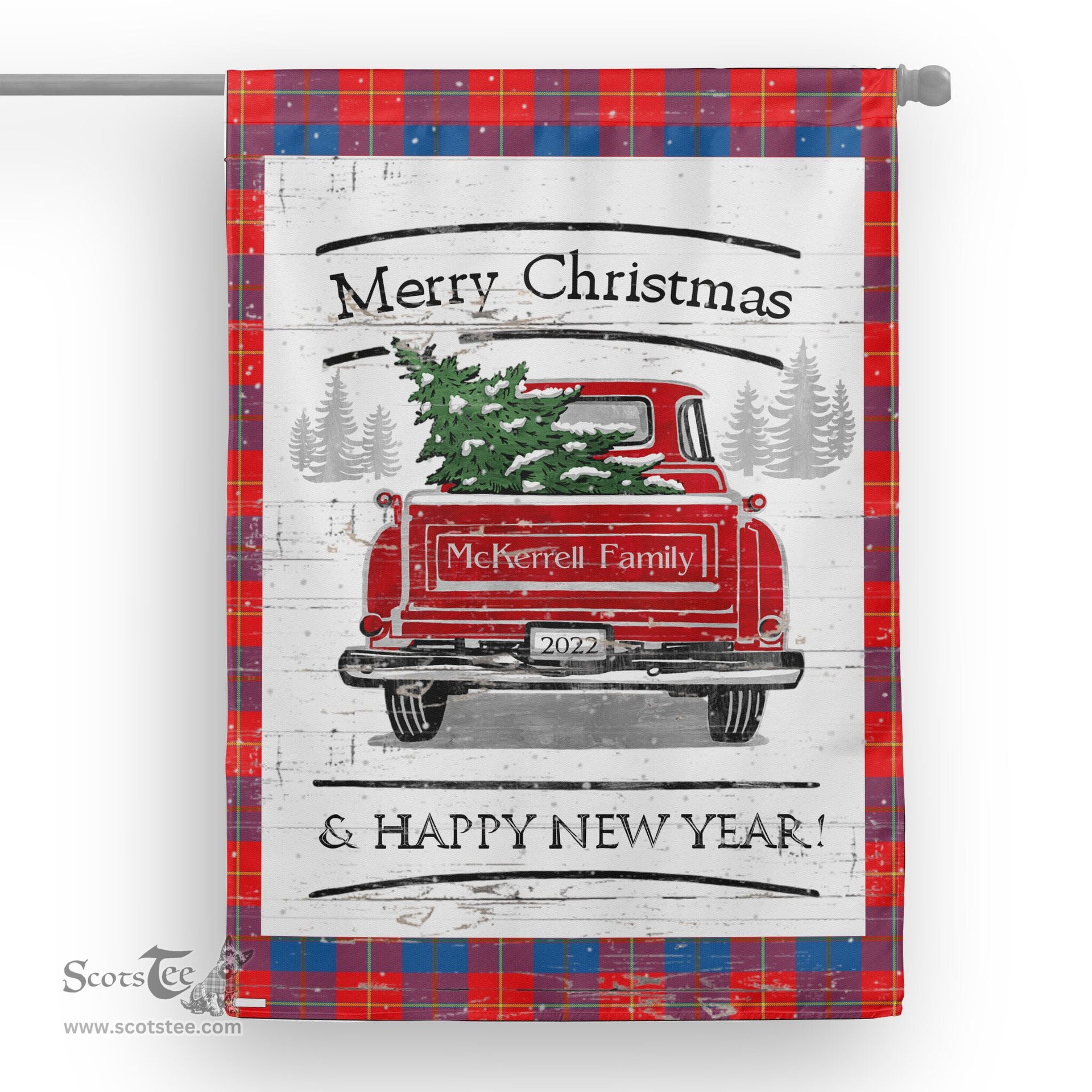 Tartan House Flag Vintage Red Truck with Christmas Tree Family Scottish Clan McKerrell Red Tartan Flag, Tartan Garden Flag, Tartan House Flag, Tartan Flag, Crest Garden Flag, Garden Flag, Ireland Garden Flag, Family Crest, Custom Flag, Custom Garden Flag, Ireland Custom Flag, Clan Tartan Flags