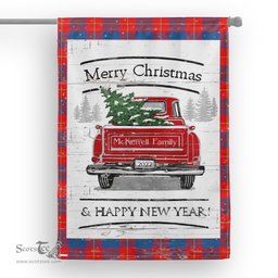 Tartan House Flag Vintage Red Truck with Christmas Tree Family Scottish Clan McKerrell Red Tartan Flag, Tartan Garden Flag, Tartan House Flag, Tartan Flag, Crest Garden Flag, Garden Flag, Ireland Garden Flag, Family Crest, Custom Flag, Custom Garden Flag, Ireland Custom Flag, Clan Tartan Flags