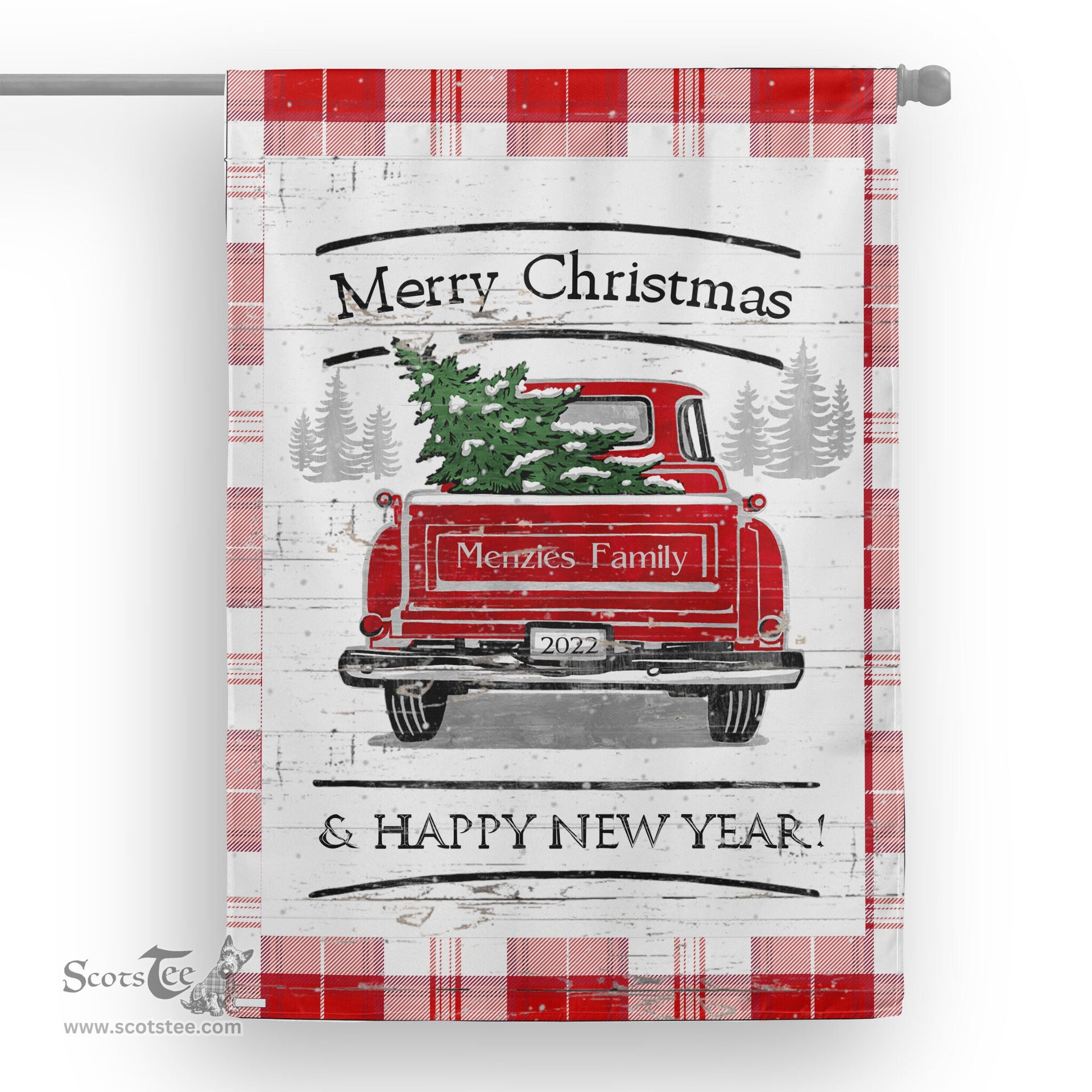 Tartan House Flag Vintage Red Truck with Christmas Tree Family Scottish Clan MenZies Red Tartan Flag, Tartan Garden Flag, Tartan House Flag, Tartan Flag, Crest Garden Flag, Garden Flag, Ireland Garden Flag, Family Crest, Custom Flag, Custom Garden Flag, Ireland Custom Flag, Clan Tartan Flags