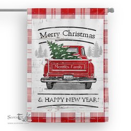 Tartan House Flag Vintage Red Truck with Christmas Tree Family Scottish Clan MenZies Red Tartan Flag, Tartan Garden Flag, Tartan House Flag, Tartan Flag, Crest Garden Flag, Garden Flag, Ireland Garden Flag, Family Crest, Custom Flag, Custom Garden Flag, Ireland Custom Flag, Clan Tartan Flags