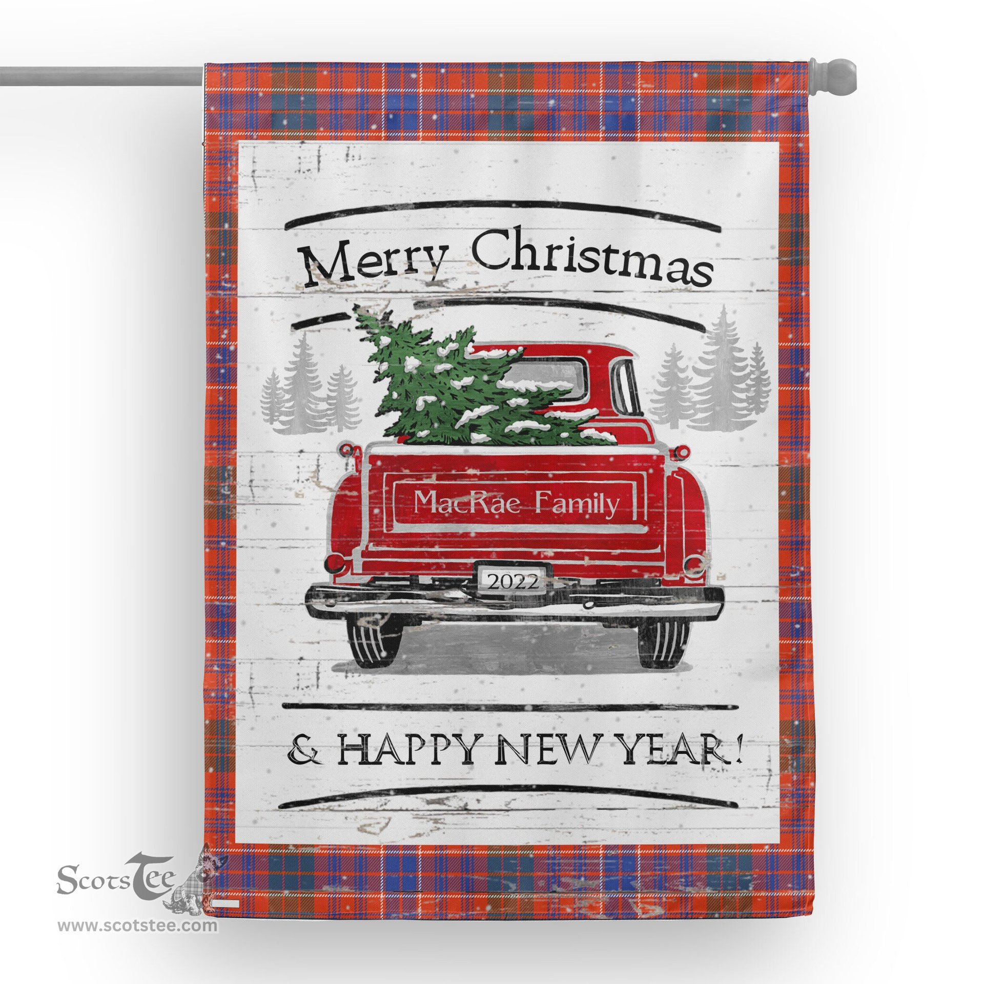 Tartan House Flag Vintage Red Truck with Christmas Tree Family Scottish Clan MacRae Ancient Tartan Flag, Tartan Garden Flag, Tartan House Flag, Tartan Flag, Crest Garden Flag, Garden Flag, Ireland Garden Flag, Family Crest, Custom Flag, Custom Garden Flag, Ireland Custom Flag, Clan Tartan Flags