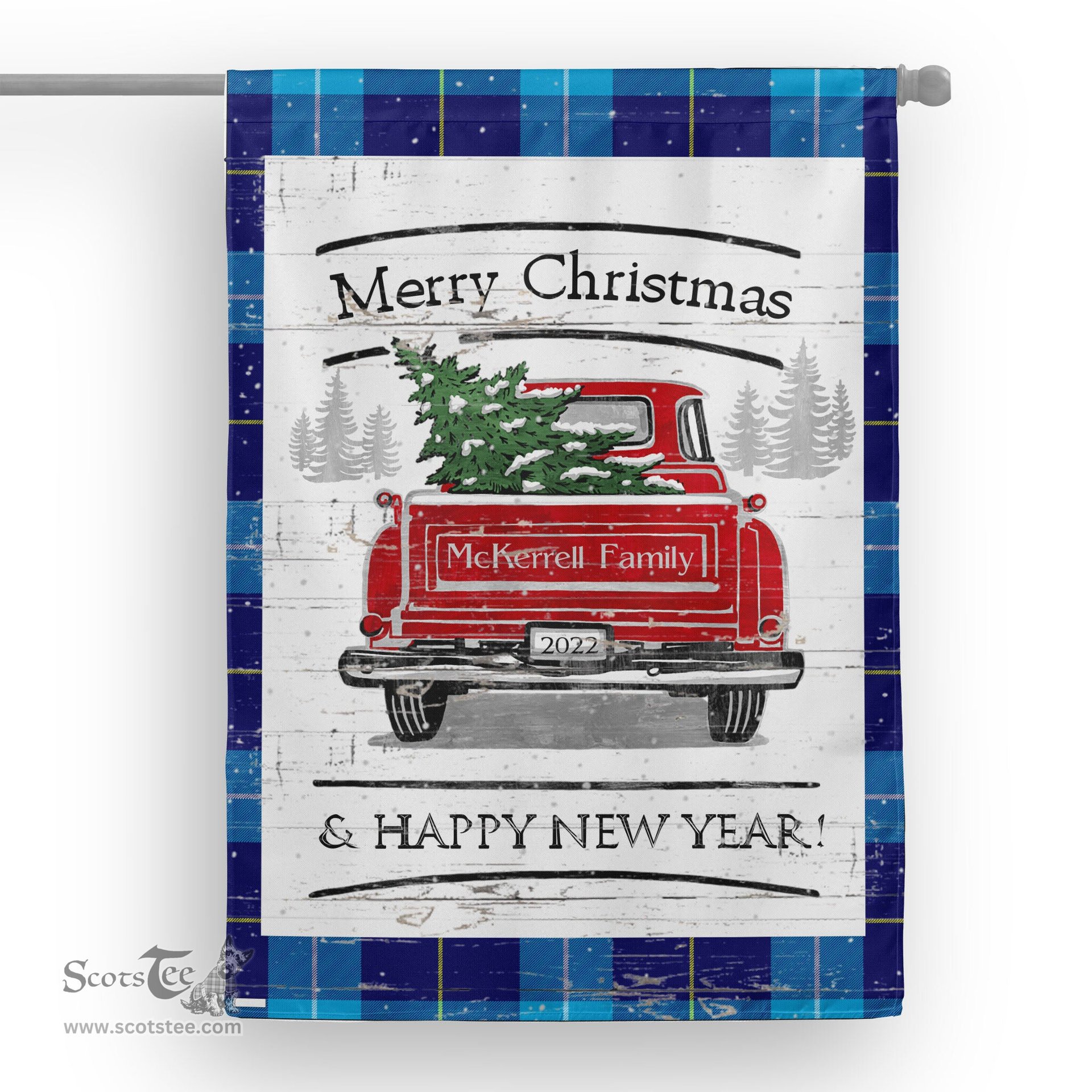 Tartan House Flag Vintage Red Truck with Christmas Tree Family Scottish Clan McKerrell Tartan Flag, Tartan Garden Flag, Tartan House Flag, Tartan Flag, Crest Garden Flag, Garden Flag, Ireland Garden Flag, Family Crest, Custom Flag, Custom Garden Flag, Ireland Custom Flag, Clan Tartan Flags