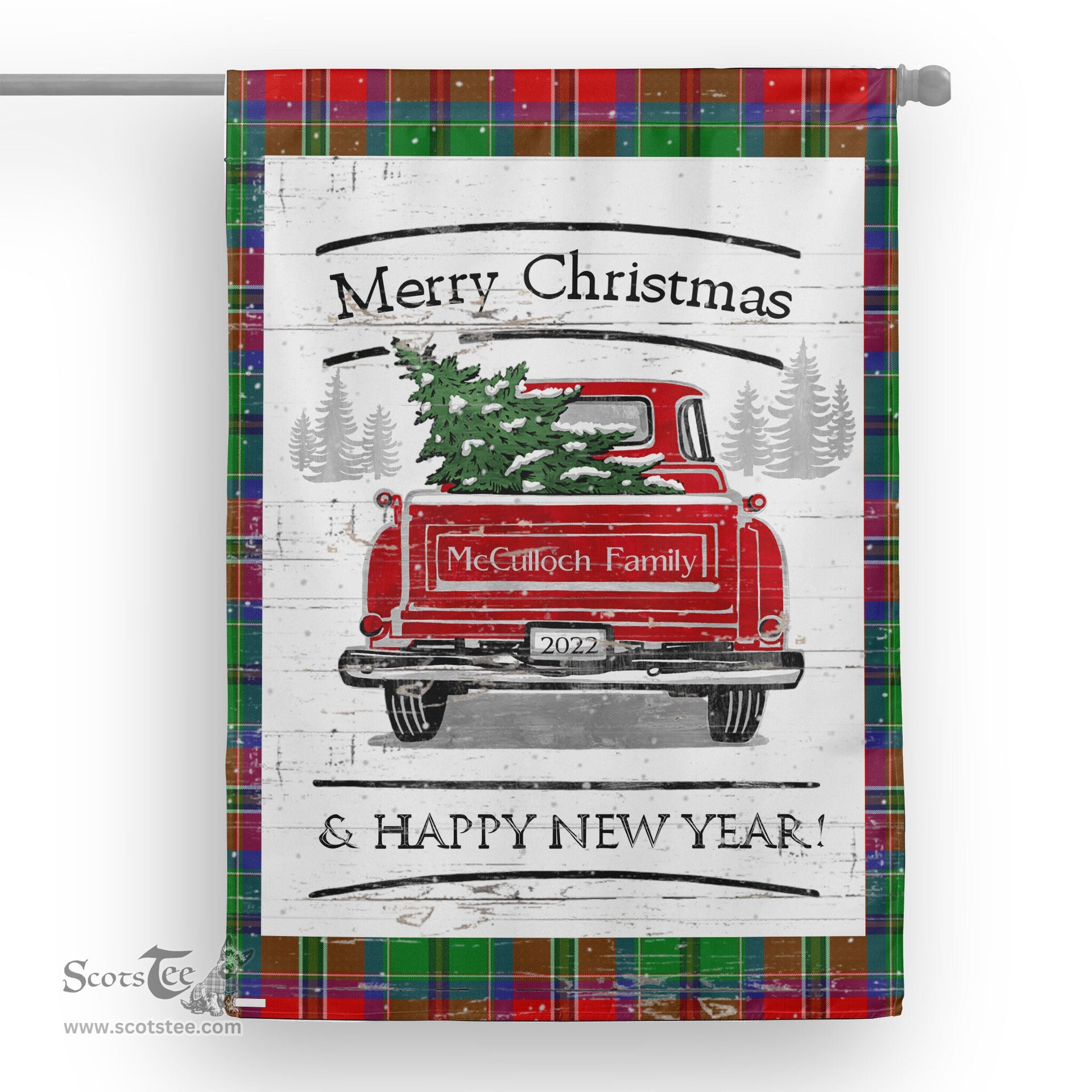 Tartan House Flag Vintage Red Truck with Christmas Tree Family Scottish Clan McCulloch Tartan Flag, Tartan Garden Flag, Tartan House Flag, Tartan Flag, Crest Garden Flag, Garden Flag, Ireland Garden Flag, Family Crest, Custom Flag, Custom Garden Flag, Ireland Custom Flag, Clan Tartan Flags