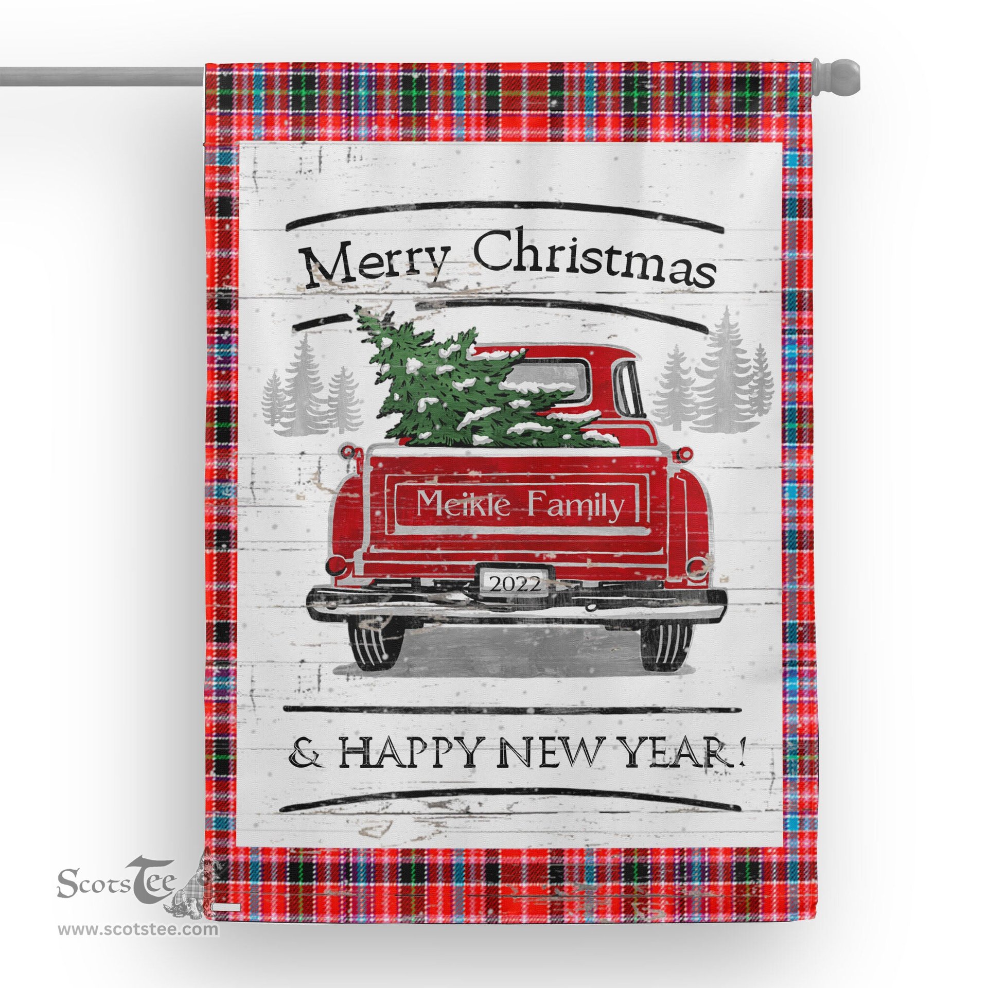 Tartan House Flag Vintage Red Truck with Christmas Tree Family Scottish Clan Meikle Tartan Flag, Tartan Garden Flag, Tartan House Flag, Tartan Flag, Crest Garden Flag, Garden Flag, Ireland Garden Flag, Family Crest, Custom Flag, Custom Garden Flag, Ireland Custom Flag, Clan Tartan Flags