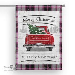 Tartan House Flag Vintage Red Truck with Christmas Tree Family Scottish Clan MacPherson Hunting Modern Tartan Flag, Tartan Garden Flag, Tartan House Flag, Tartan Flag, Crest Garden Flag, Garden Flag, Ireland Garden Flag, Family Crest, Custom Flag, Custom Garden Flag, Ireland Custom Flag, Clan Tartan Flags