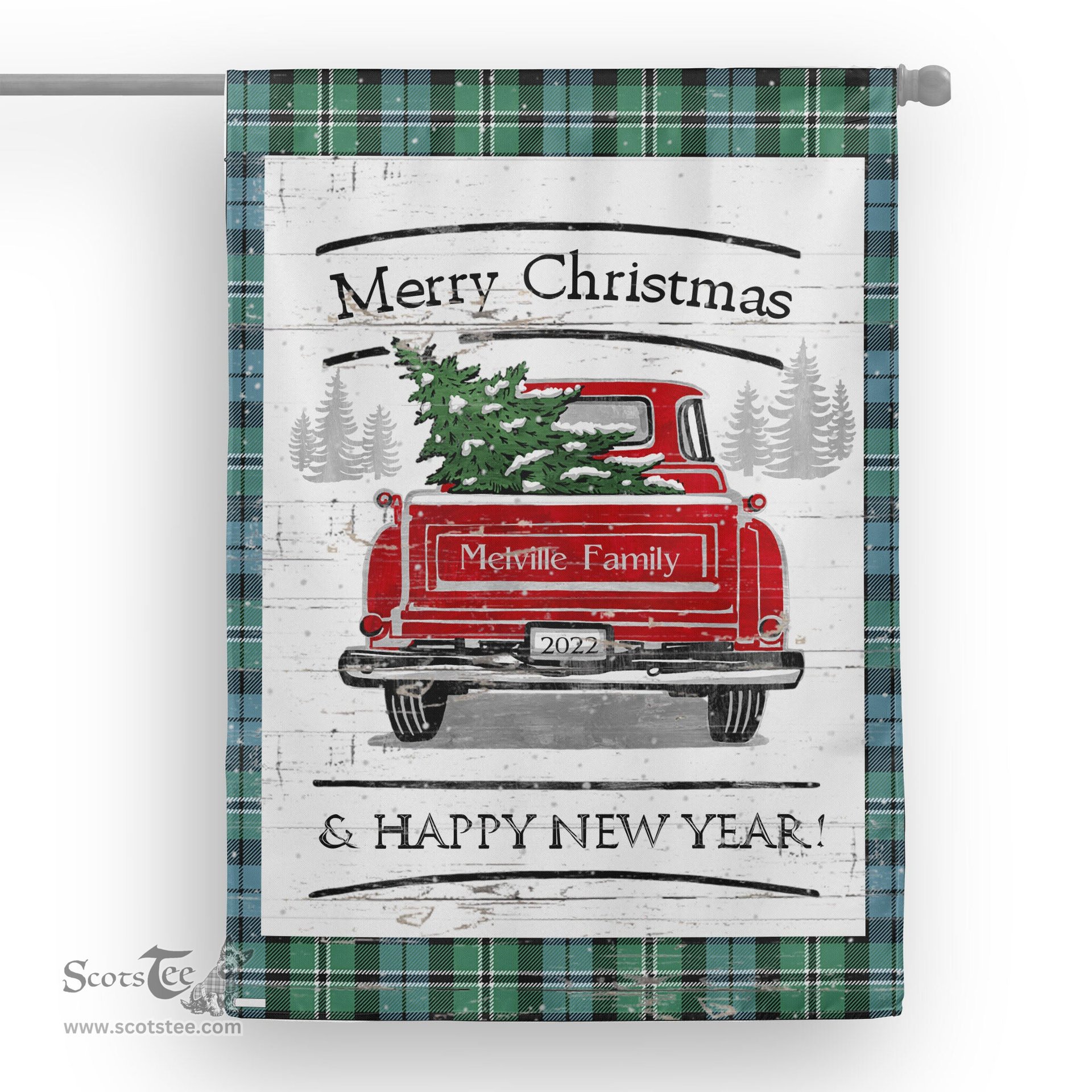Tartan House Flag Vintage Red Truck with Christmas Tree Family Scottish Clan Melville Hunting Tartan Flag, Tartan Garden Flag, Tartan House Flag, Tartan Flag, Crest Garden Flag, Garden Flag, Ireland Garden Flag, Family Crest, Custom Flag, Custom Garden Flag, Ireland Custom Flag, Clan Tartan Flags