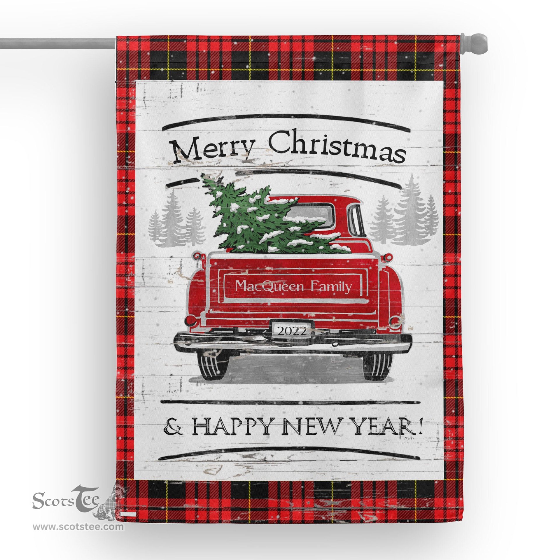 Tartan House Flag Vintage Red Truck with Christmas Tree Family Scottish Clan MacQueen Tartan Flag, Tartan Garden Flag, Tartan House Flag, Tartan Flag, Crest Garden Flag, Garden Flag, Ireland Garden Flag, Family Crest, Custom Flag, Custom Garden Flag, Ireland Custom Flag, Clan Tartan Flags