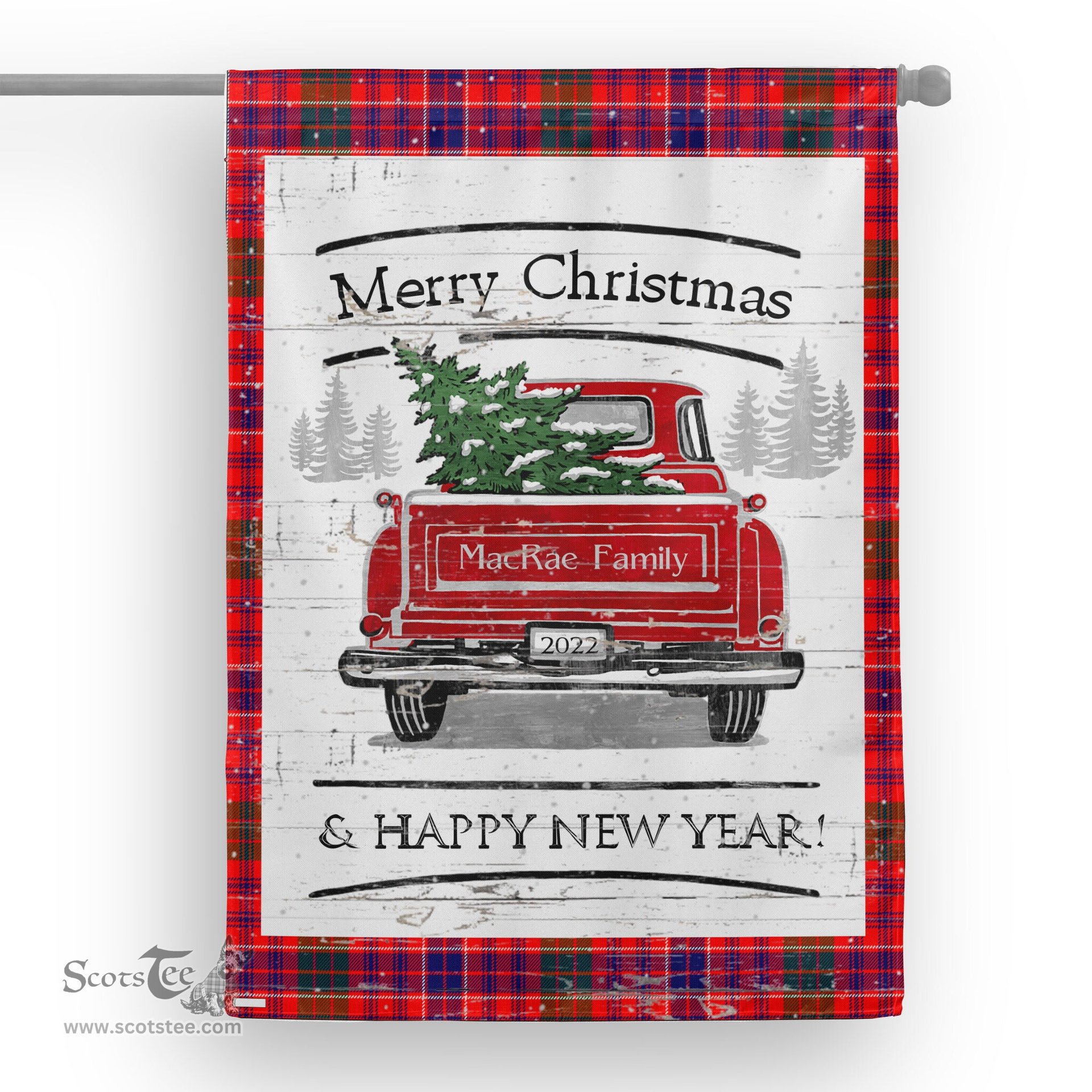 Tartan House Flag Vintage Red Truck with Christmas Tree Family Scottish Clan MacRae Tartan Flag, Tartan Garden Flag, Tartan House Flag, Tartan Flag, Crest Garden Flag, Garden Flag, Ireland Garden Flag, Family Crest, Custom Flag, Custom Garden Flag, Ireland Custom Flag, Clan Tartan Flags