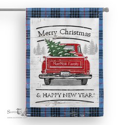 Tartan House Flag Vintage Red Truck with Christmas Tree Family Scottish Clan MacNeill Of Barra Blue Tartan Flag, Tartan Garden Flag, Tartan House Flag, Tartan Flag, Crest Garden Flag, Garden Flag, Ireland Garden Flag, Family Crest, Custom Flag, Custom Garden Flag, Ireland Custom Flag, Clan Tartan Flags