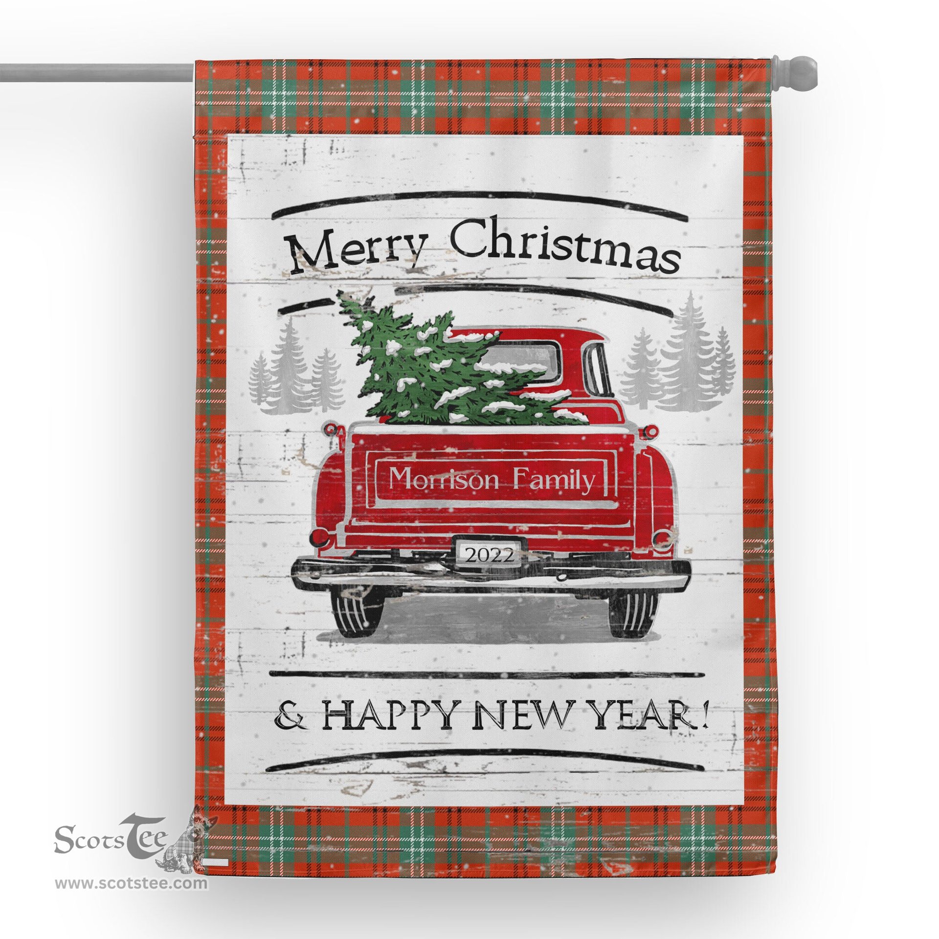 Tartan House Flag Vintage Red Truck with Christmas Tree Family Scottish Clan Morrison Red Ancient Tartan Flag, Tartan Garden Flag, Tartan House Flag, Tartan Flag, Crest Garden Flag, Garden Flag, Ireland Garden Flag, Family Crest, Custom Flag, Custom Garden Flag, Ireland Custom Flag, Clan Tartan Flags