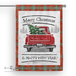 Tartan House Flag Vintage Red Truck with Christmas Tree Family Scottish Clan Morrison Red Ancient Tartan Flag, Tartan Garden Flag, Tartan House Flag, Tartan Flag, Crest Garden Flag, Garden Flag, Ireland Garden Flag, Family Crest, Custom Flag, Custom Garden Flag, Ireland Custom Flag, Clan Tartan Flags