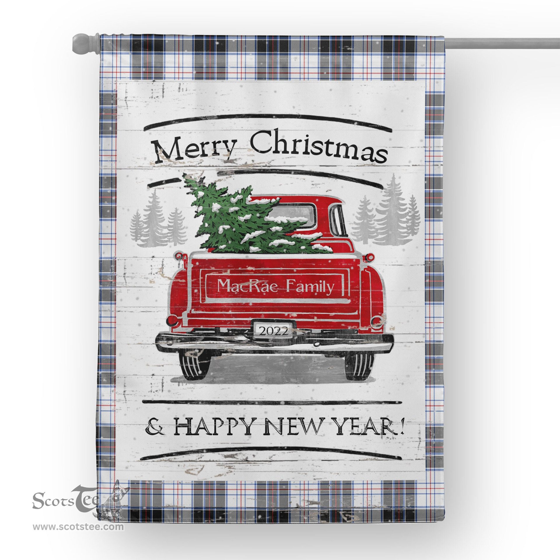 Tartan House Flag Vintage Red Truck with Christmas Tree Family Scottish Clan MacRae Dress Modern Tartan Flag, Tartan Garden Flag, Tartan House Flag, Tartan Flag, Crest Garden Flag, Garden Flag, Ireland Garden Flag, Family Crest, Custom Flag, Custom Garden Flag, Ireland Custom Flag, Clan Tartan Flags