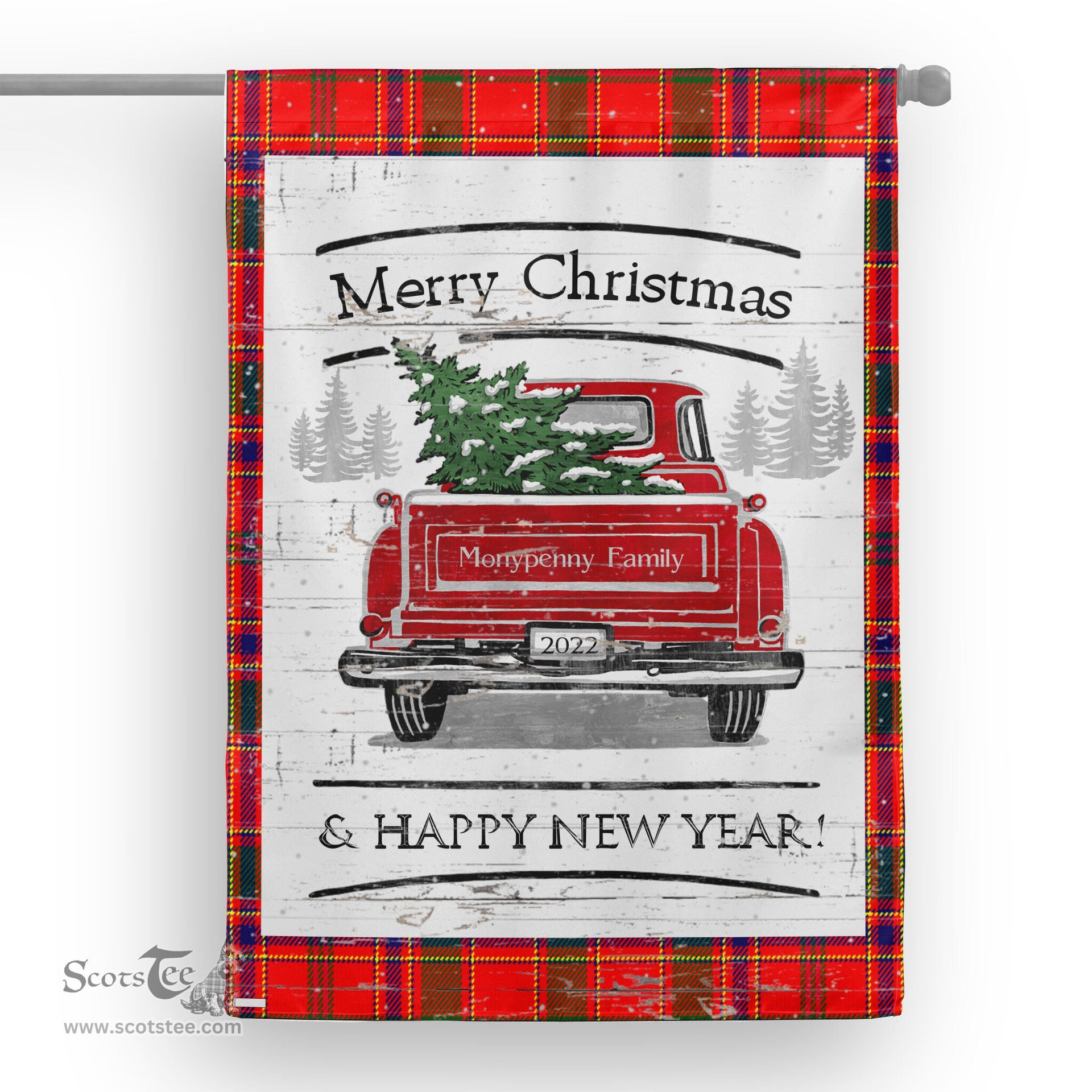 Tartan House Flag Vintage Red Truck with Christmas Tree Family Scottish Clan Monypenny Tartan Flag, Tartan Garden Flag, Tartan House Flag, Tartan Flag, Crest Garden Flag, Garden Flag, Ireland Garden Flag, Family Crest, Custom Flag, Custom Garden Flag, Ireland Custom Flag, Clan Tartan Flags