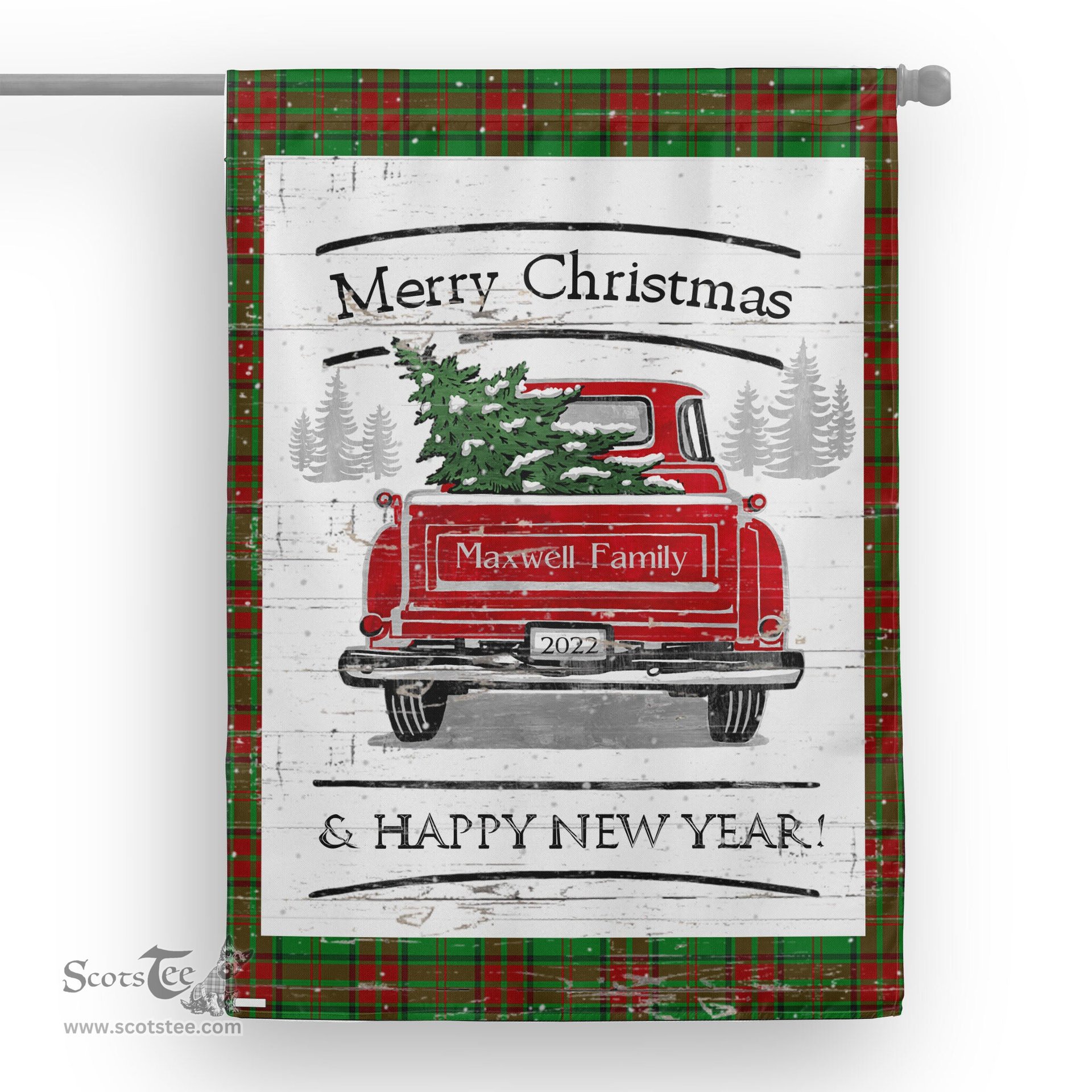 Tartan House Flag Vintage Red Truck with Christmas Tree Family Scottish Clan Maxwell Hunting Tartan Flag, Tartan Garden Flag, Tartan House Flag, Tartan Flag, Crest Garden Flag, Garden Flag, Ireland Garden Flag, Family Crest, Custom Flag, Custom Garden Flag, Ireland Custom Flag, Clan Tartan Flags