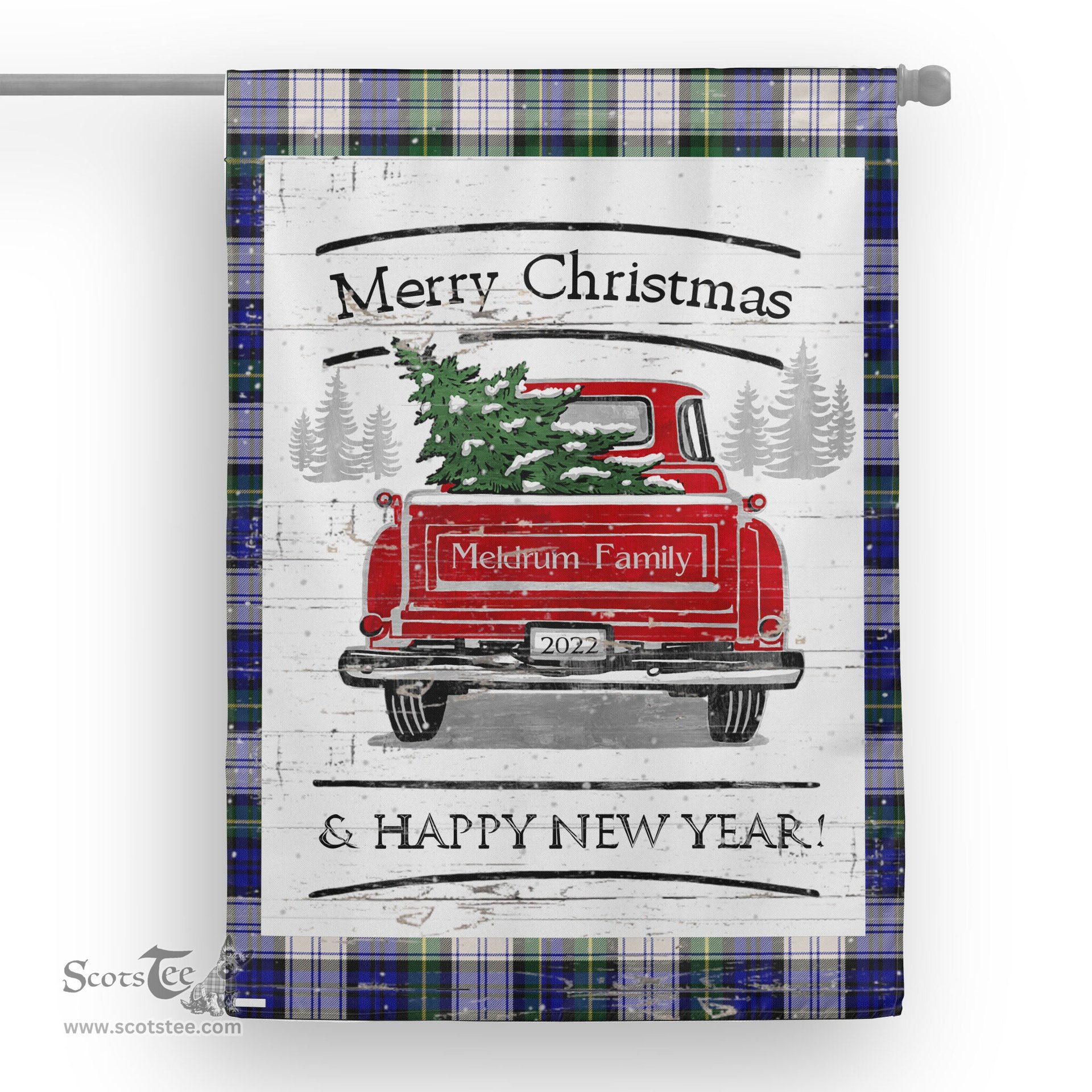 Tartan House Flag Vintage Red Truck with Christmas Tree Family Scottish Clan Meldrum Gordon Dress Tartan Flag, Tartan Garden Flag, Tartan House Flag, Tartan Flag, Crest Garden Flag, Garden Flag, Ireland Garden Flag, Family Crest, Custom Flag, Custom Garden Flag, Ireland Custom Flag, Clan Tartan Flags