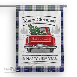 Tartan House Flag Vintage Red Truck with Christmas Tree Family Scottish Clan Meldrum Gordon Dress Tartan Flag, Tartan Garden Flag, Tartan House Flag, Tartan Flag, Crest Garden Flag, Garden Flag, Ireland Garden Flag, Family Crest, Custom Flag, Custom Garden Flag, Ireland Custom Flag, Clan Tartan Flags