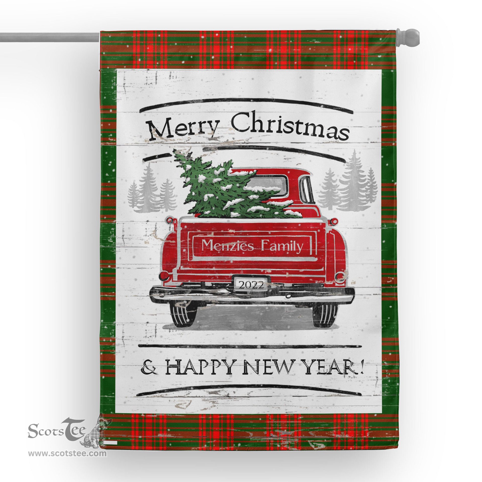Tartan House Flag Vintage Red Truck with Christmas Tree Family Scottish Clan MenZies Tartan Flag, Tartan Garden Flag, Tartan House Flag, Tartan Flag, Crest Garden Flag, Garden Flag, Ireland Garden Flag, Family Crest, Custom Flag, Custom Garden Flag, Ireland Custom Flag, Clan Tartan Flags