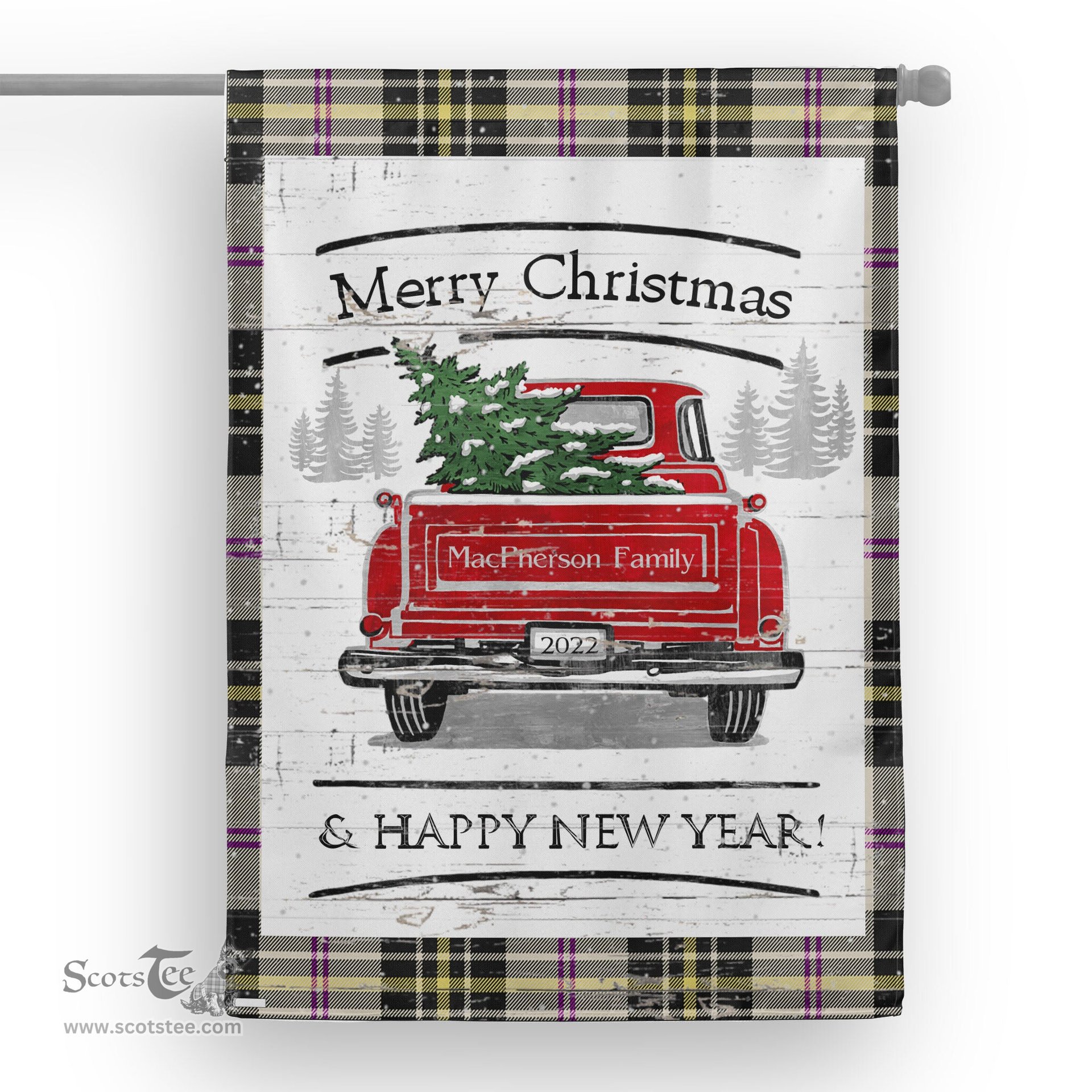 Tartan House Flag Vintage Red Truck with Christmas Tree Family Scottish Clan MacPherson Dress Ancient Tartan Flag, Tartan Garden Flag, Tartan House Flag, Tartan Flag, Crest Garden Flag, Garden Flag, Ireland Garden Flag, Family Crest, Custom Flag, Custom Garden Flag, Ireland Custom Flag, Clan Tartan Flags