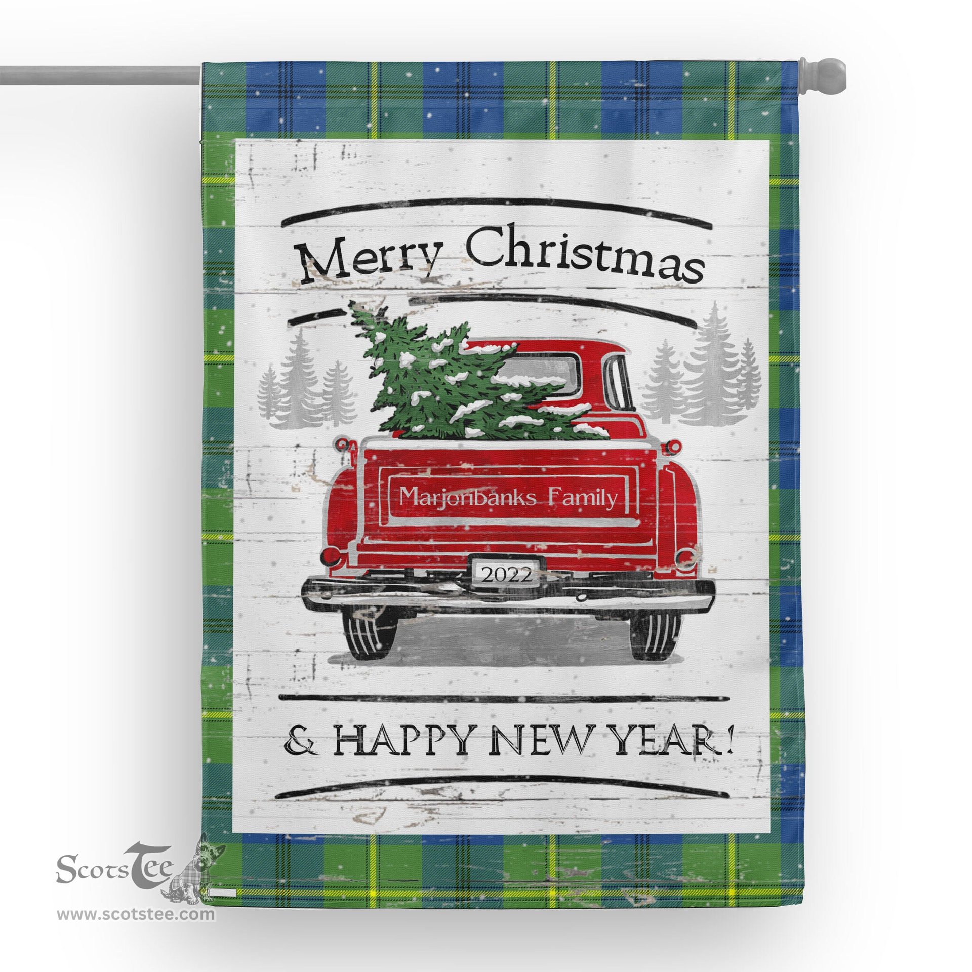Tartan House Flag Vintage Red Truck with Christmas Tree Family Scottish Clan Marjoribanks Ancient Tartan Flag, Tartan Garden Flag, Tartan House Flag, Tartan Flag, Crest Garden Flag, Garden Flag, Ireland Garden Flag, Family Crest, Custom Flag, Custom Garden Flag, Ireland Custom Flag, Clan Tartan Flags