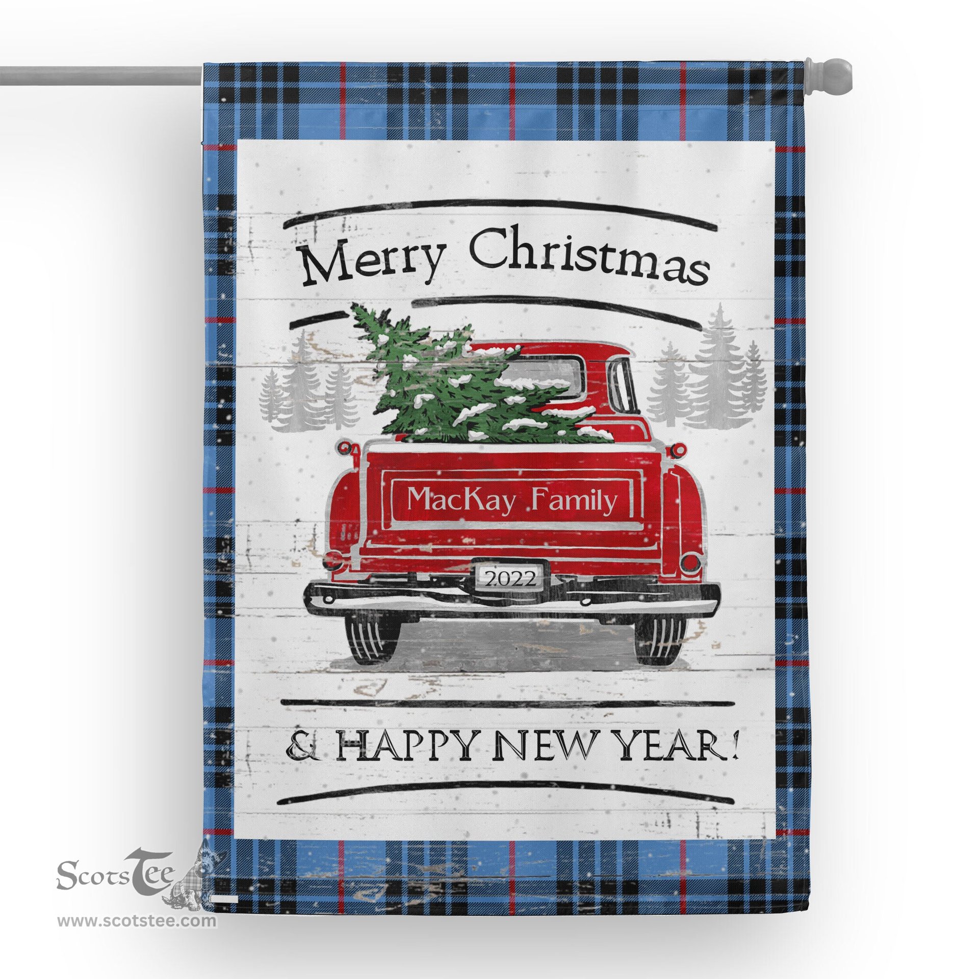 Tartan House Flag Vintage Red Truck with Christmas Tree Family Scottish Clan MacKay Blue Tartan Flag, Tartan Garden Flag, Tartan House Flag, Tartan Flag, Crest Garden Flag, Garden Flag, Ireland Garden Flag, Family Crest, Custom Flag, Custom Garden Flag, Ireland Custom Flag, Clan Tartan Flags