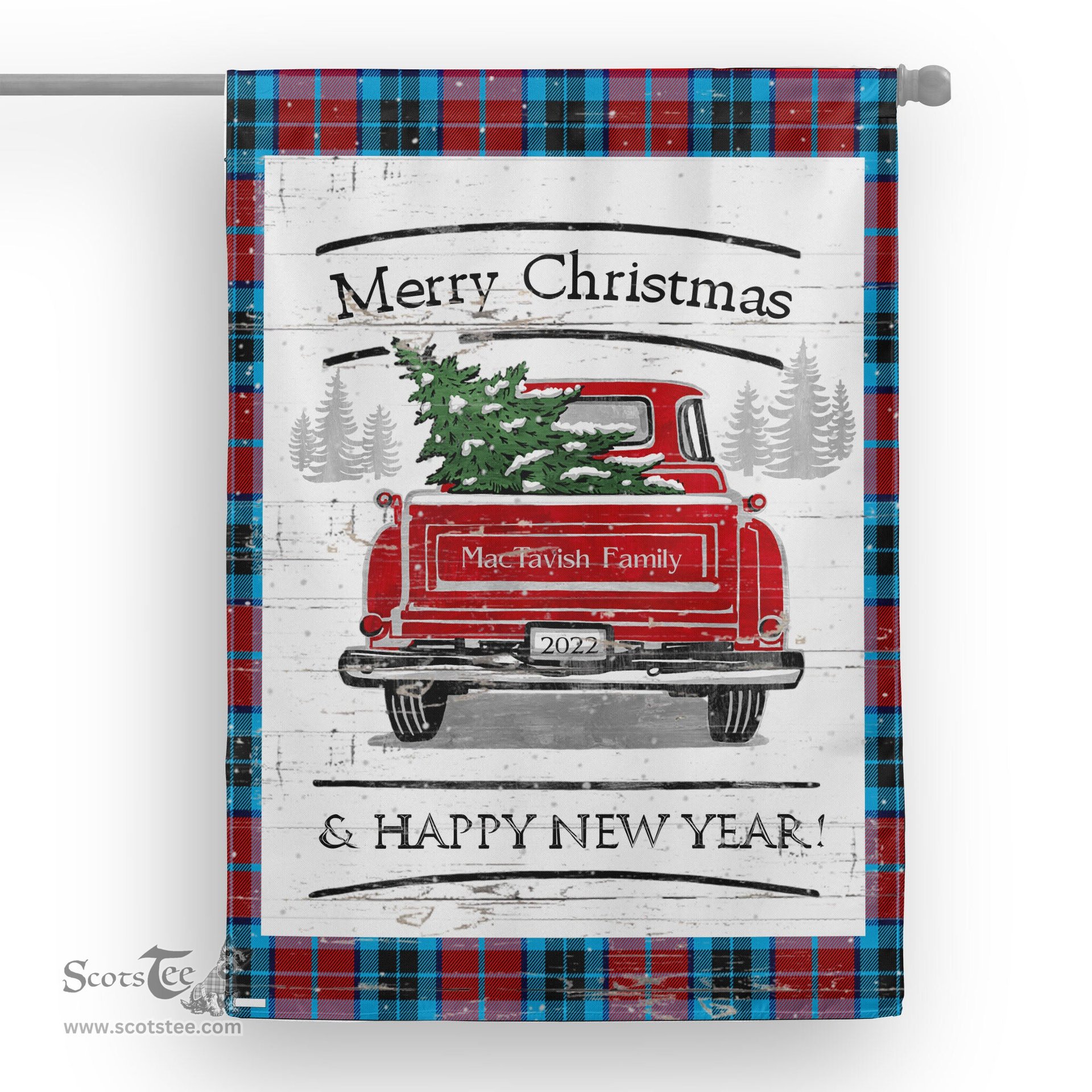 Tartan House Flag Vintage Red Truck with Christmas Tree Family Scottish Clan MacTavish Tartan Flag, Tartan Garden Flag, Tartan House Flag, Tartan Flag, Crest Garden Flag, Garden Flag, Ireland Garden Flag, Family Crest, Custom Flag, Custom Garden Flag, Ireland Custom Flag, Clan Tartan Flags