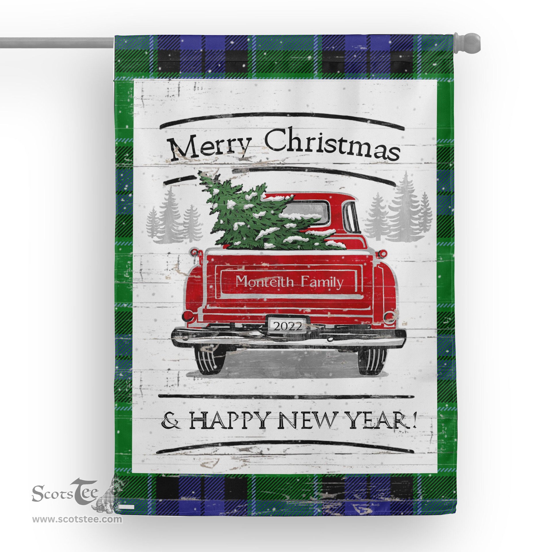 Tartan House Flag Vintage Red Truck with Christmas Tree Family Scottish Clan Monteith Tartan Flag, Tartan Garden Flag, Tartan House Flag, Tartan Flag, Crest Garden Flag, Garden Flag, Ireland Garden Flag, Family Crest, Custom Flag, Custom Garden Flag, Ireland Custom Flag, Clan Tartan Flags